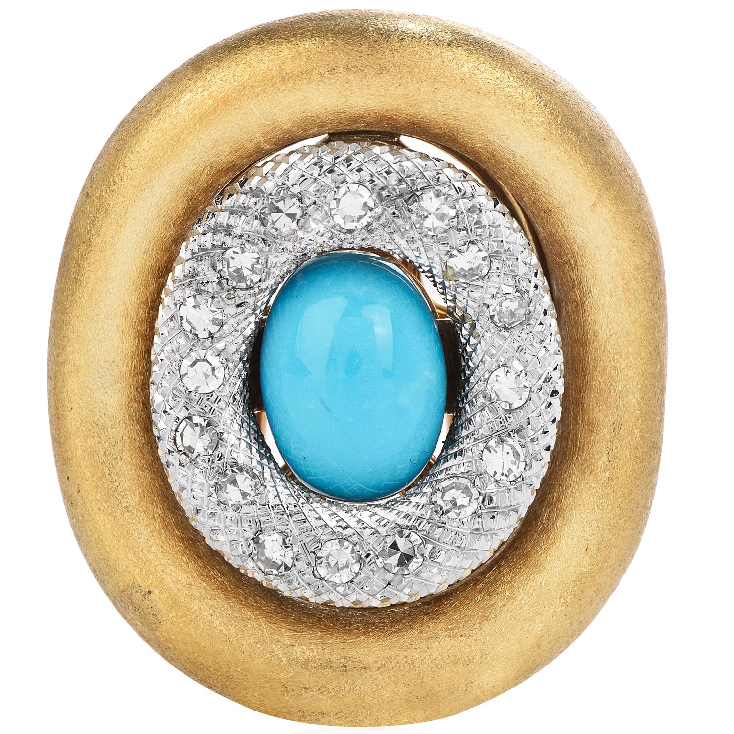 Cabochon 1970's Chic Diamond 4.90ct Turquoise 18K Gold Elegant Large Earrings 