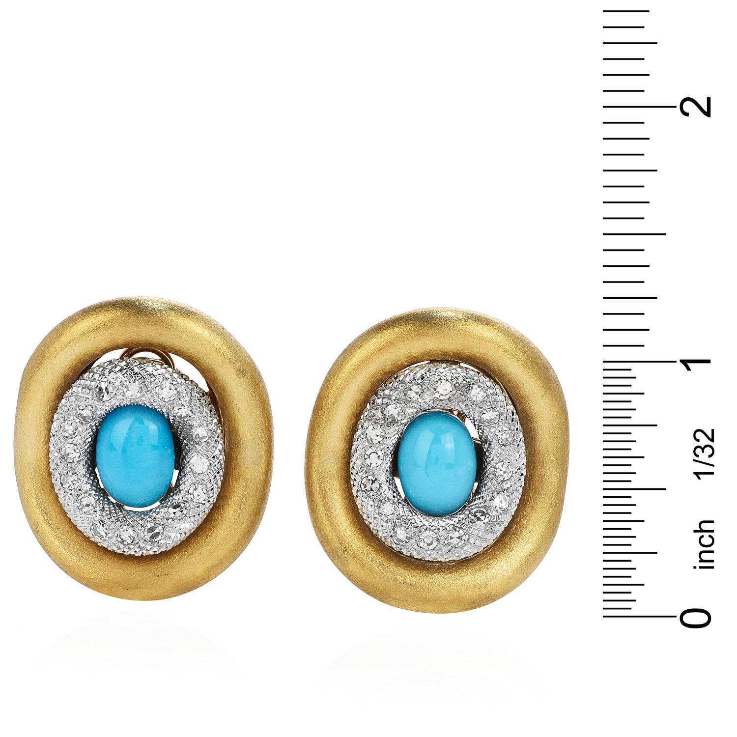 1970's Chic Diamond 4.90ct Turquoise 18K Gold Elegant Large Earrings  In Excellent Condition In Miami, FL