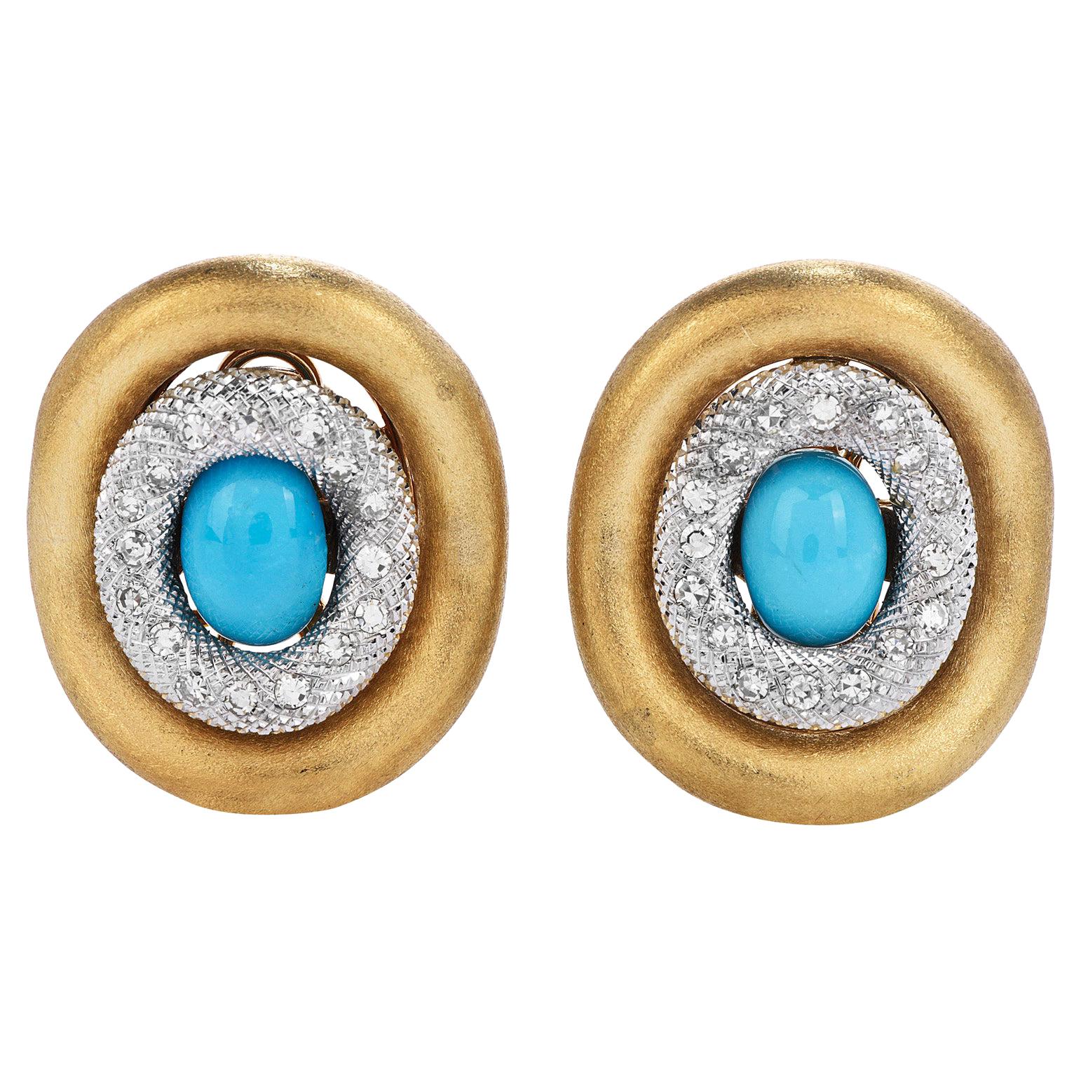 1970's Chic Diamond 4.90ct Turquoise 18K Gold Elegant Large Earrings 