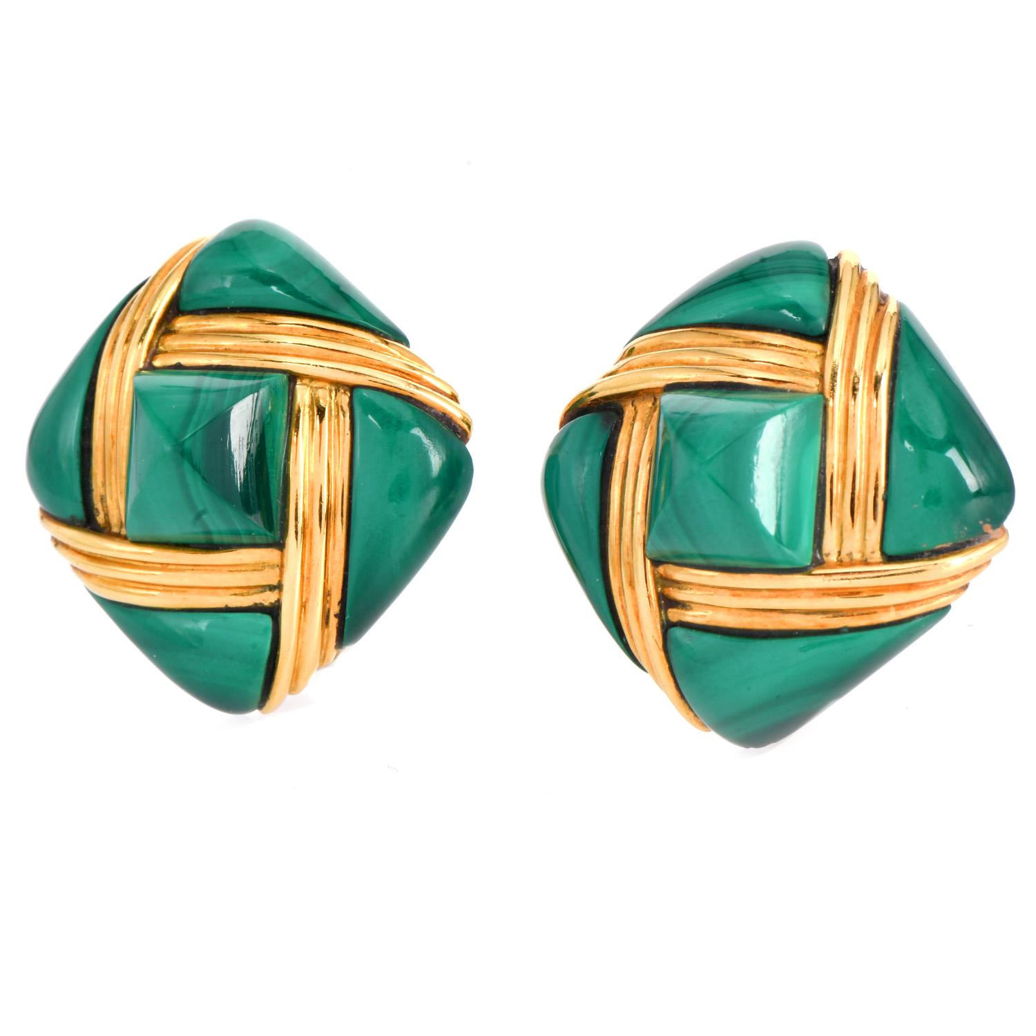 Splendid Malachite cushion-shaped earrings, meticulously crafted from 18K yellow gold.

These vintage earrings feature a mesmerizing interplay of natural, textured green malachite, thoughtfully layered in an exquisite pattern, delicately nestled