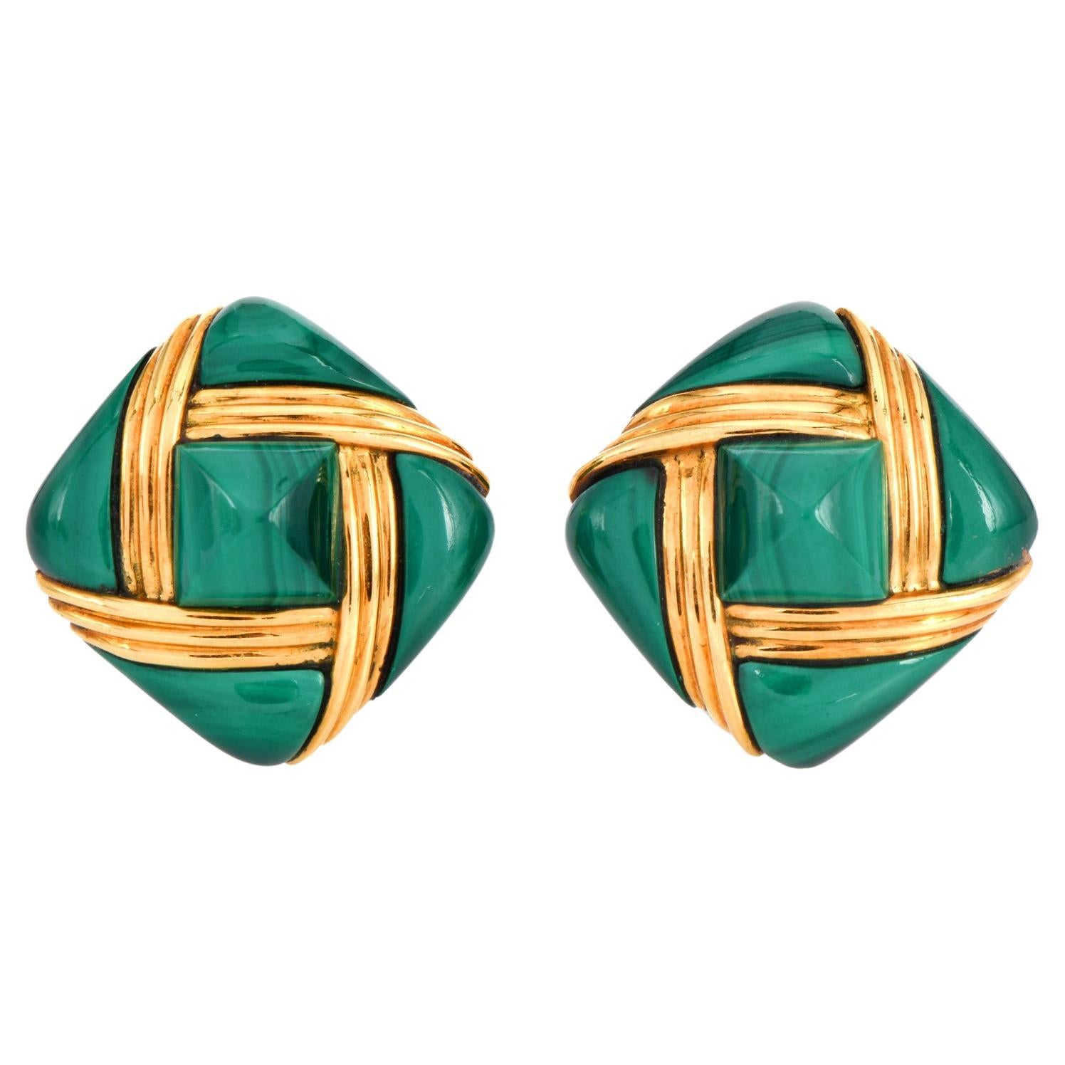 1970'S Chic Malachite 18K Gold Cushion  Clip-On Earrings For Sale