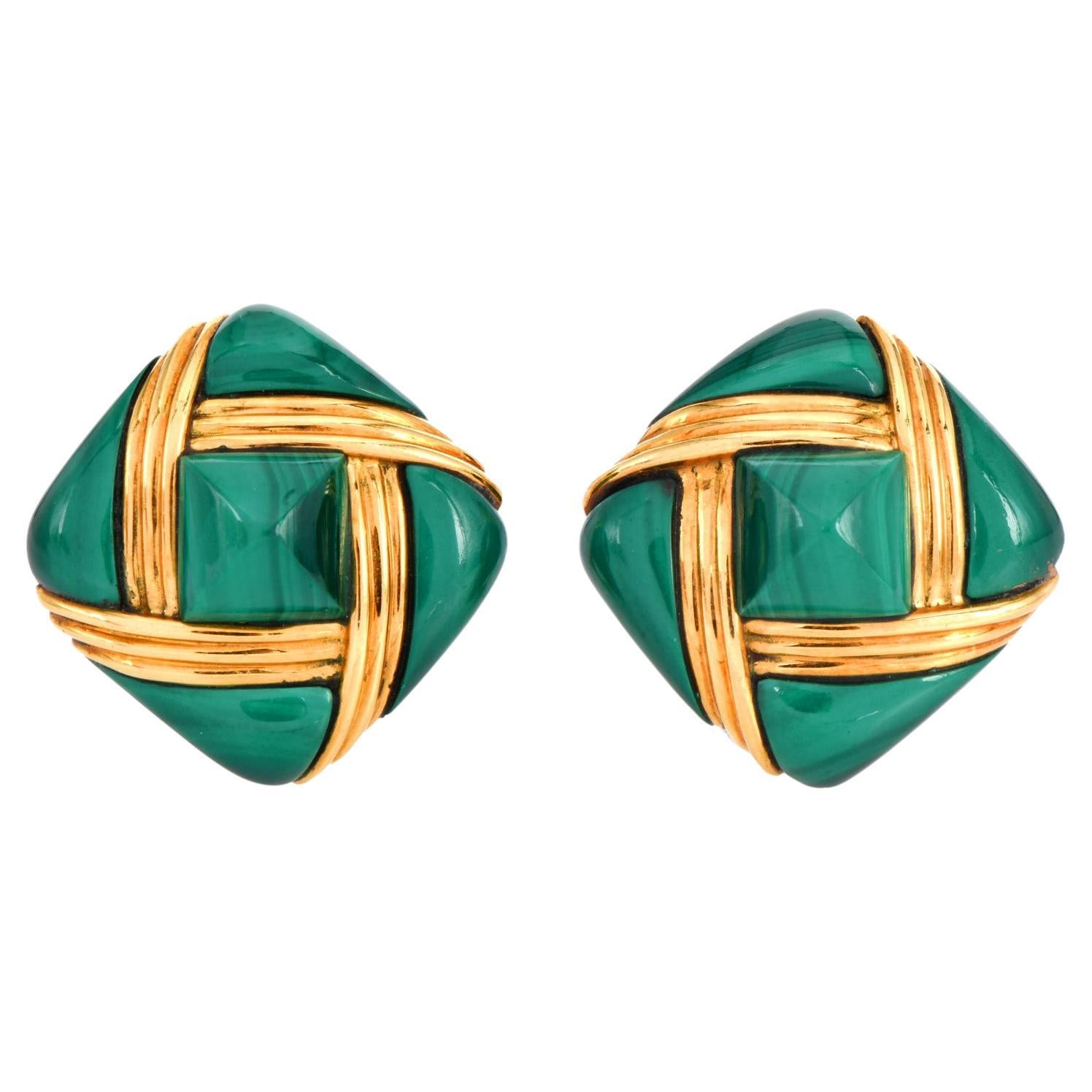 1970'S Chic Malachite 18K Gold Cushion  Clip-On Earrings