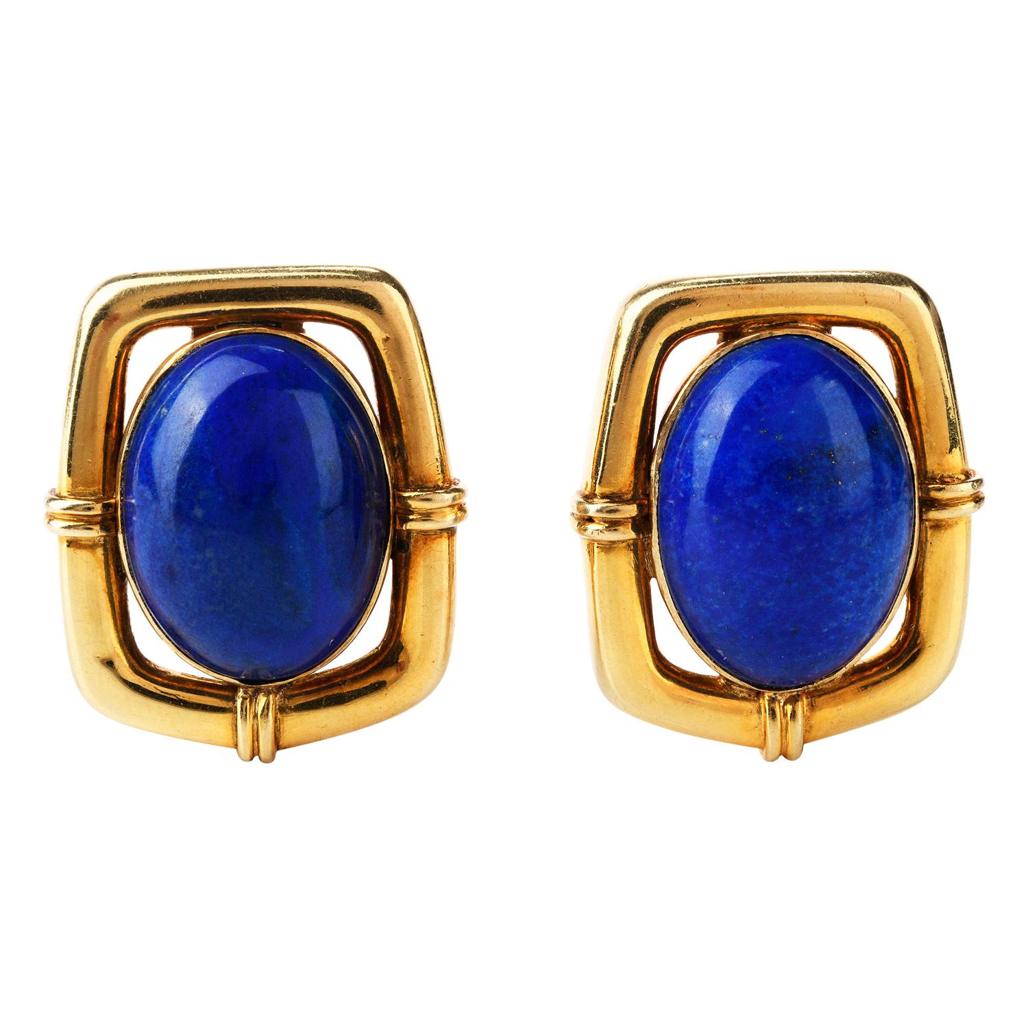 1970s Chic Ribbed Lapis Lazuli 14 Karat Clip-On Earrings For Sale at ...