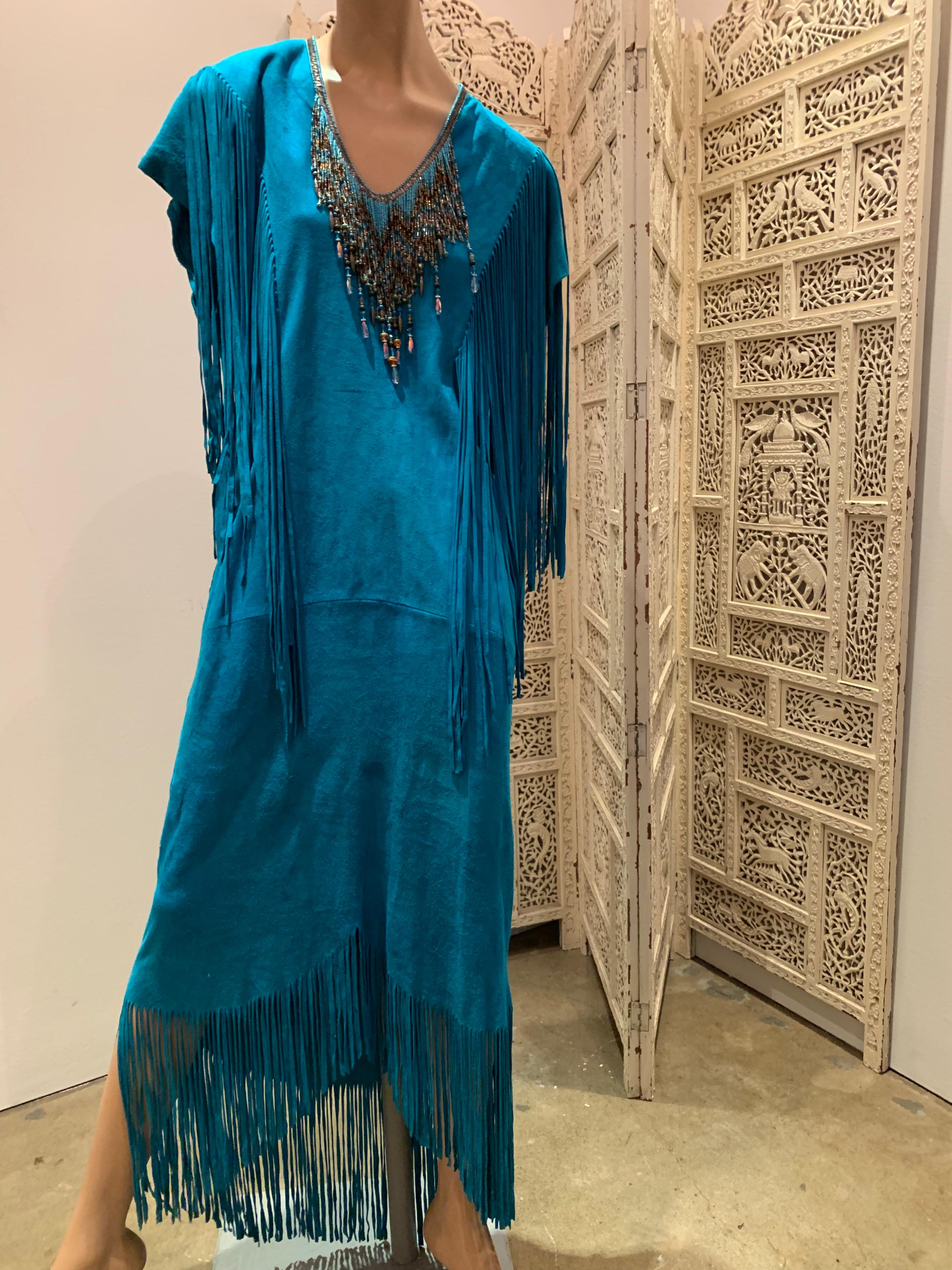 1970s Chic Skins Turquoise Suede Caftan W/ Suede & Heavy Beadwork Fringe  5