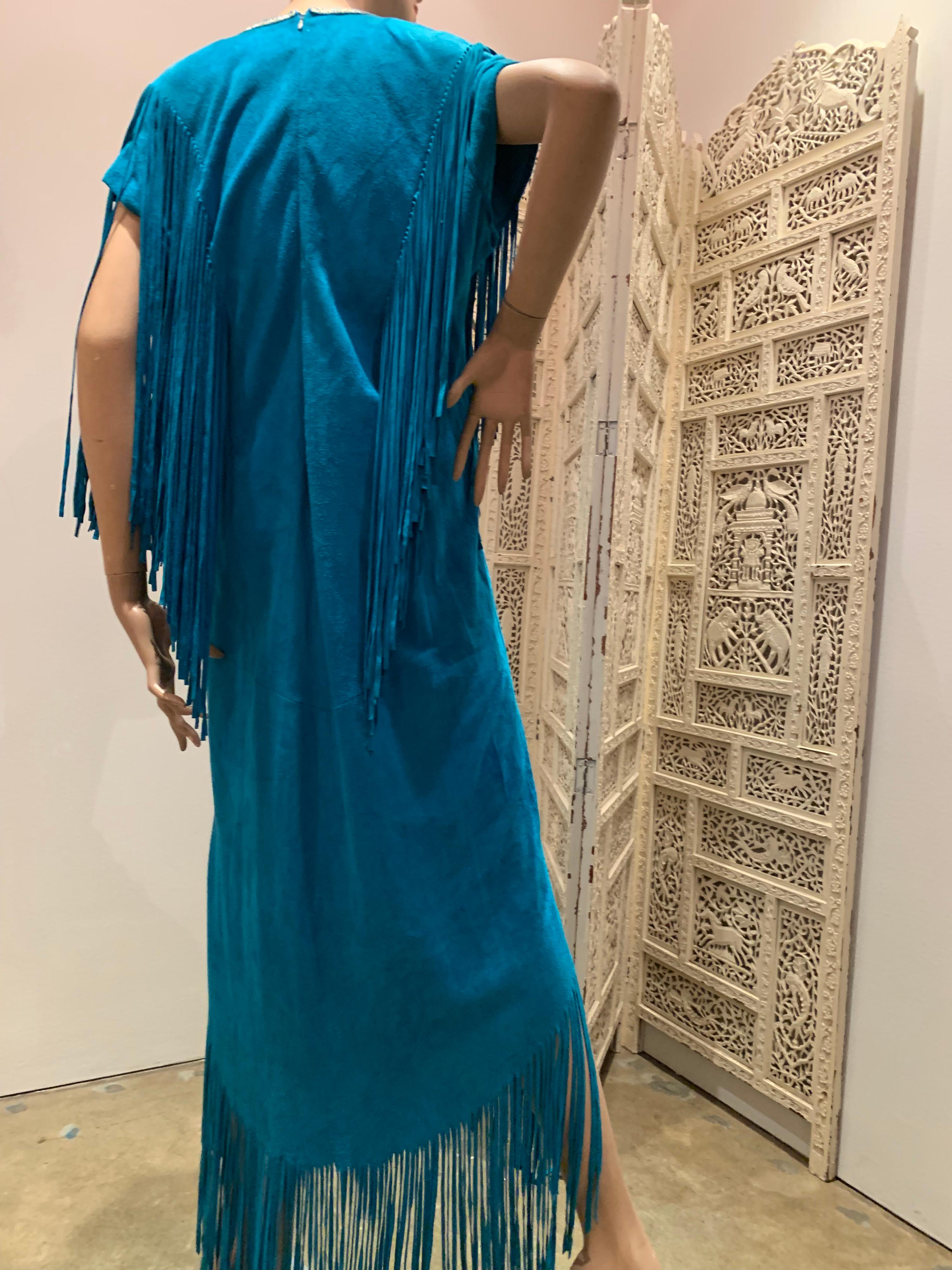 1970s Chic Skins Turquoise Suede Caftan W/ Suede & Heavy Beadwork Fringe  6