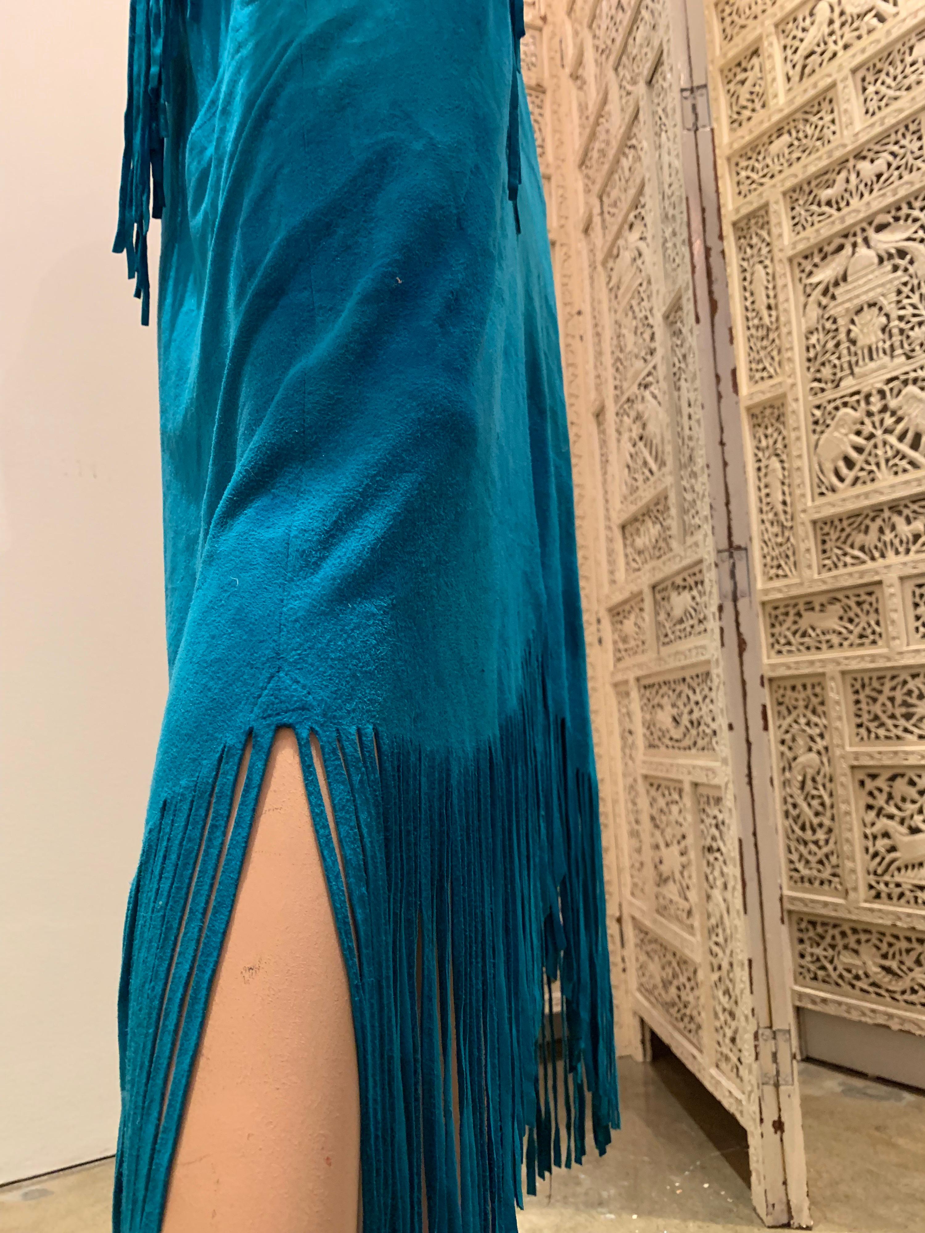 1970s Chic Skins Turquoise Suede Caftan W/ Suede & Heavy Beadwork Fringe  7