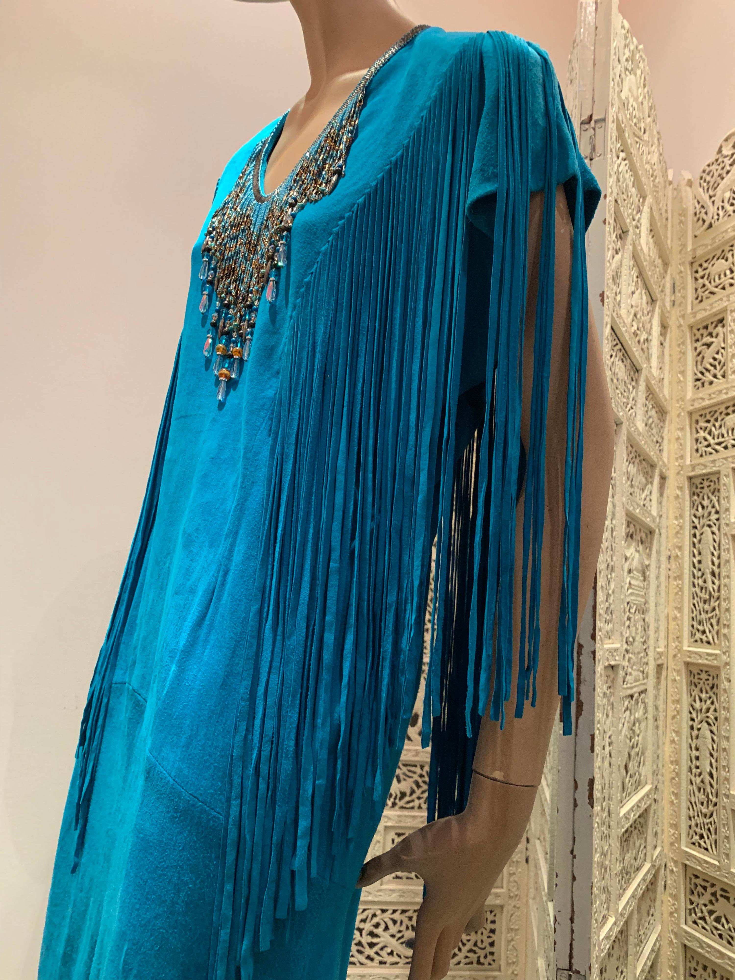 1970s Chic Skins Turquoise Suede Caftan W/ Suede & Heavy Beadwork Fringe  9