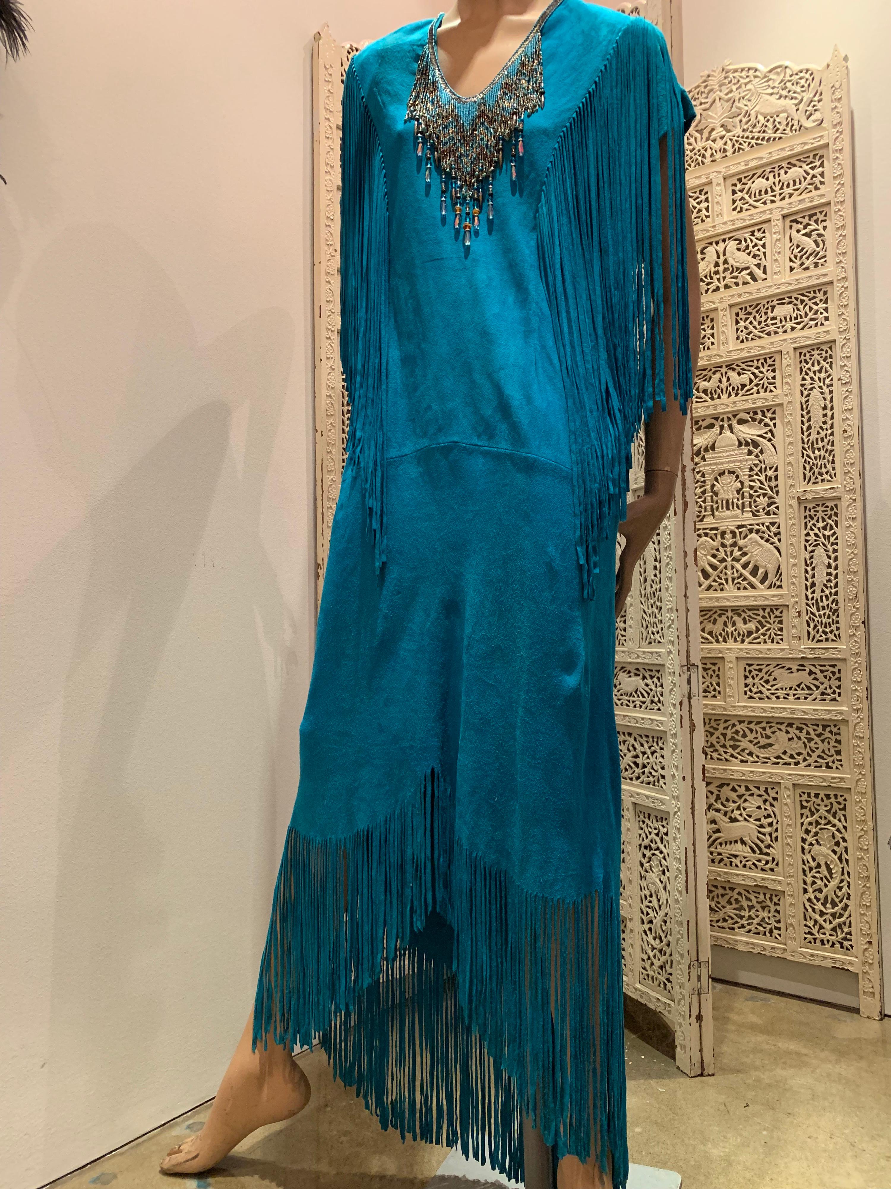 1970s Chic Skins Turquoise Suede Caftan W/ Suede & Heavy Beadwork Fringe  11