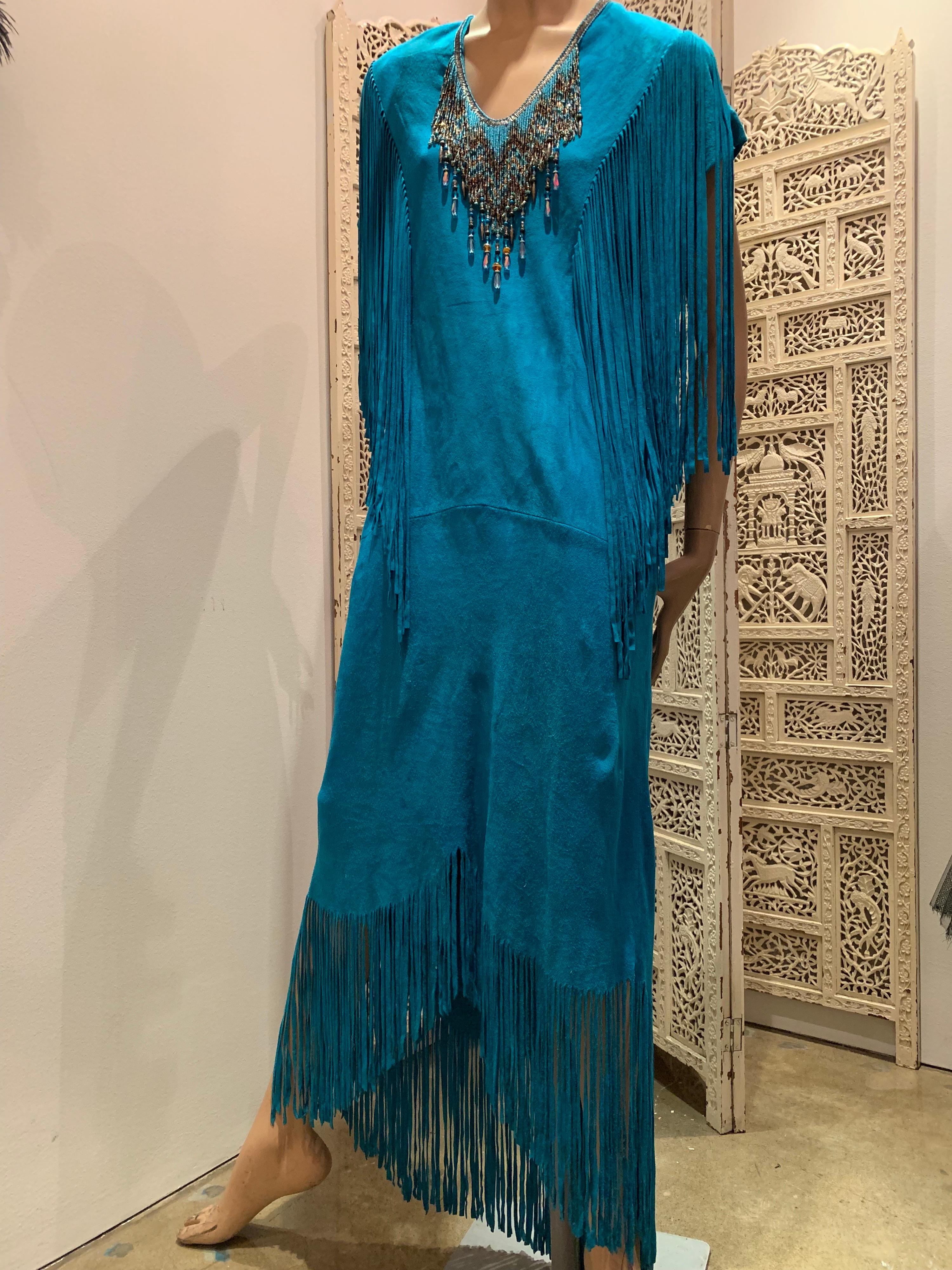 1970s Chic Skins Turquoise Suede Caftan W/ Suede & Heavy Beadwork Fringe  12