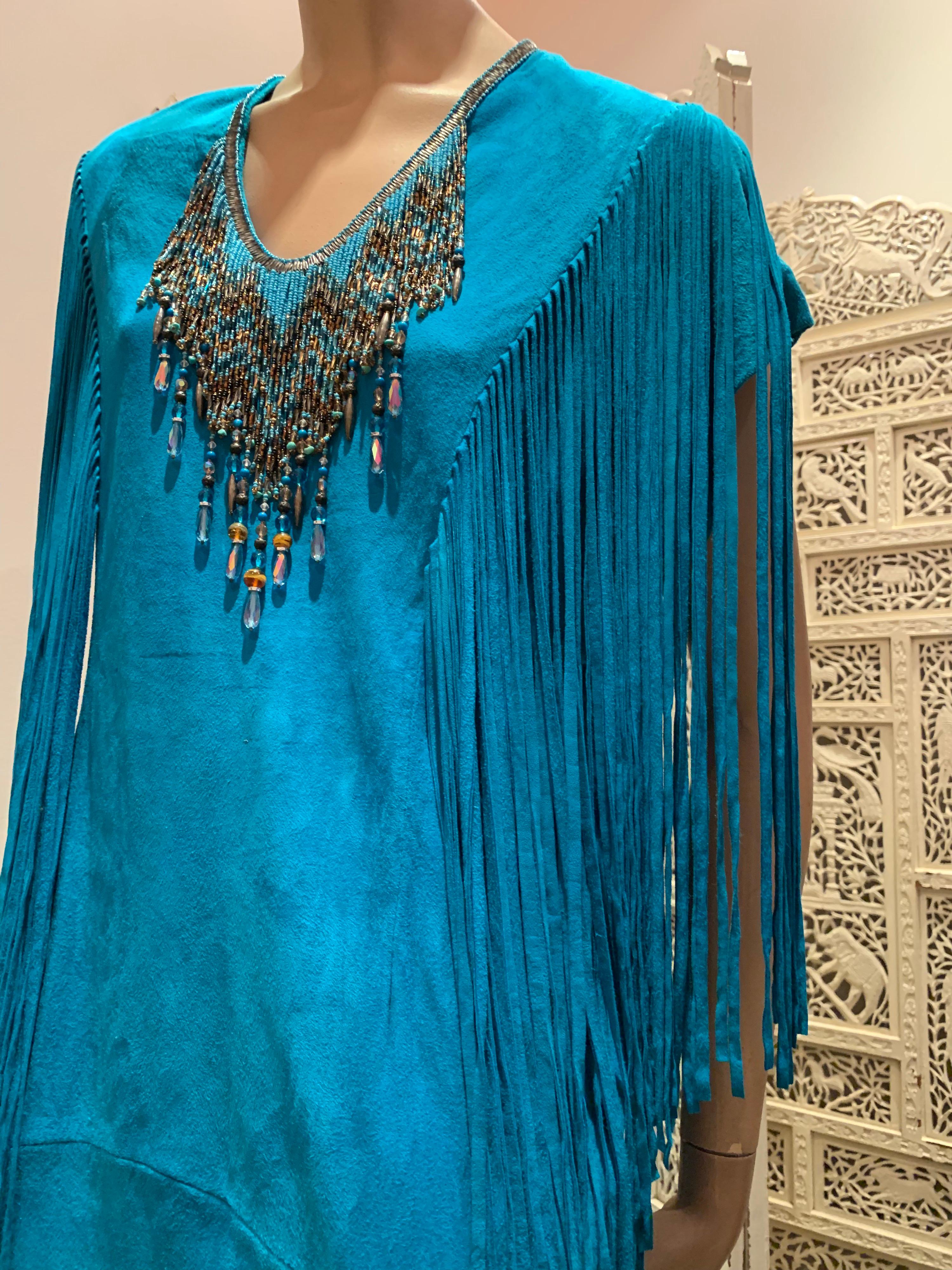 1970s Chic Skins Turquoise Suede Caftan W/ Suede & Heavy Beadwork Fringe  13