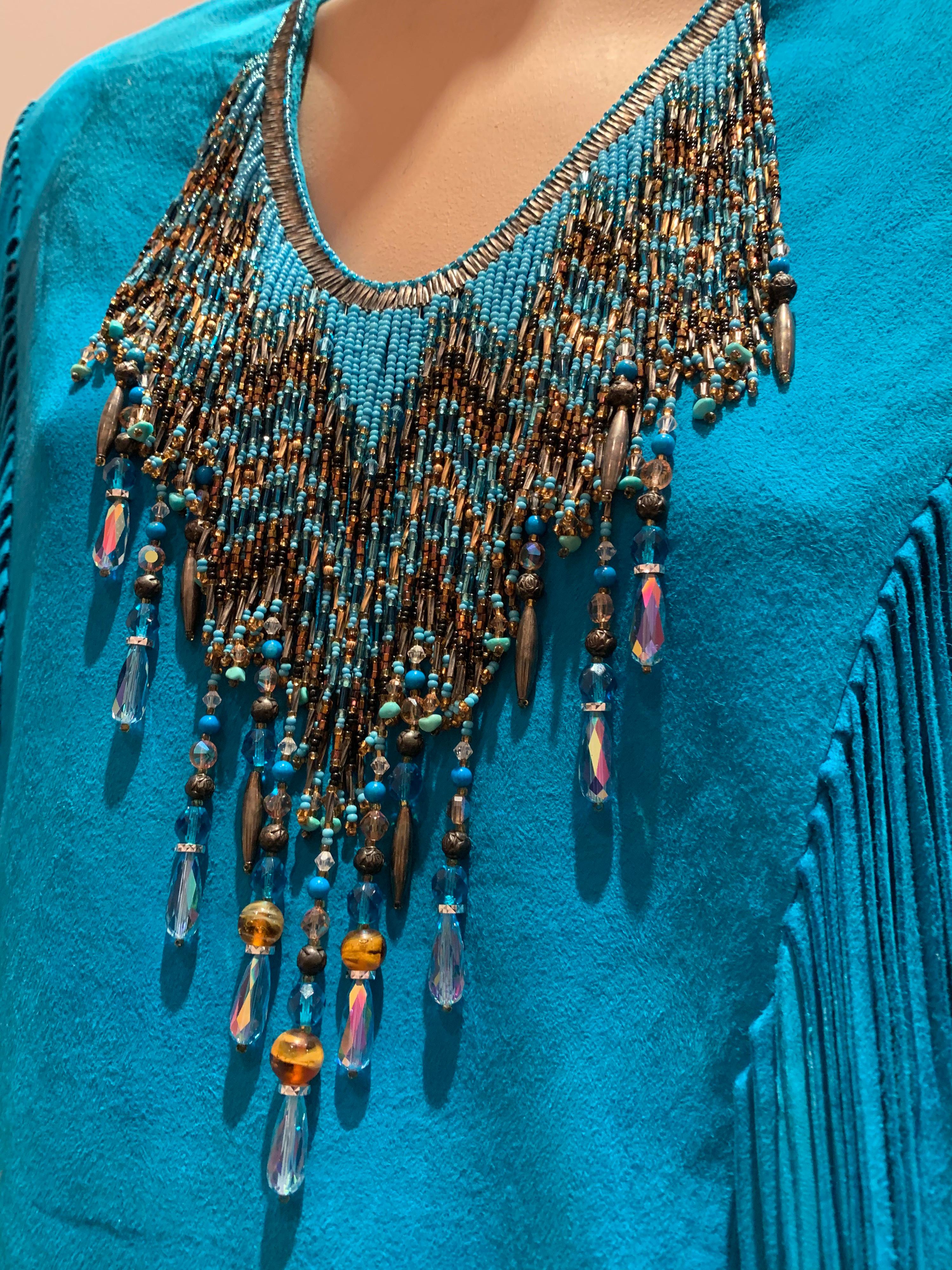 1970s Chic Skins Turquoise Suede Caftan W/ Suede & Heavy Beadwork Fringe  14