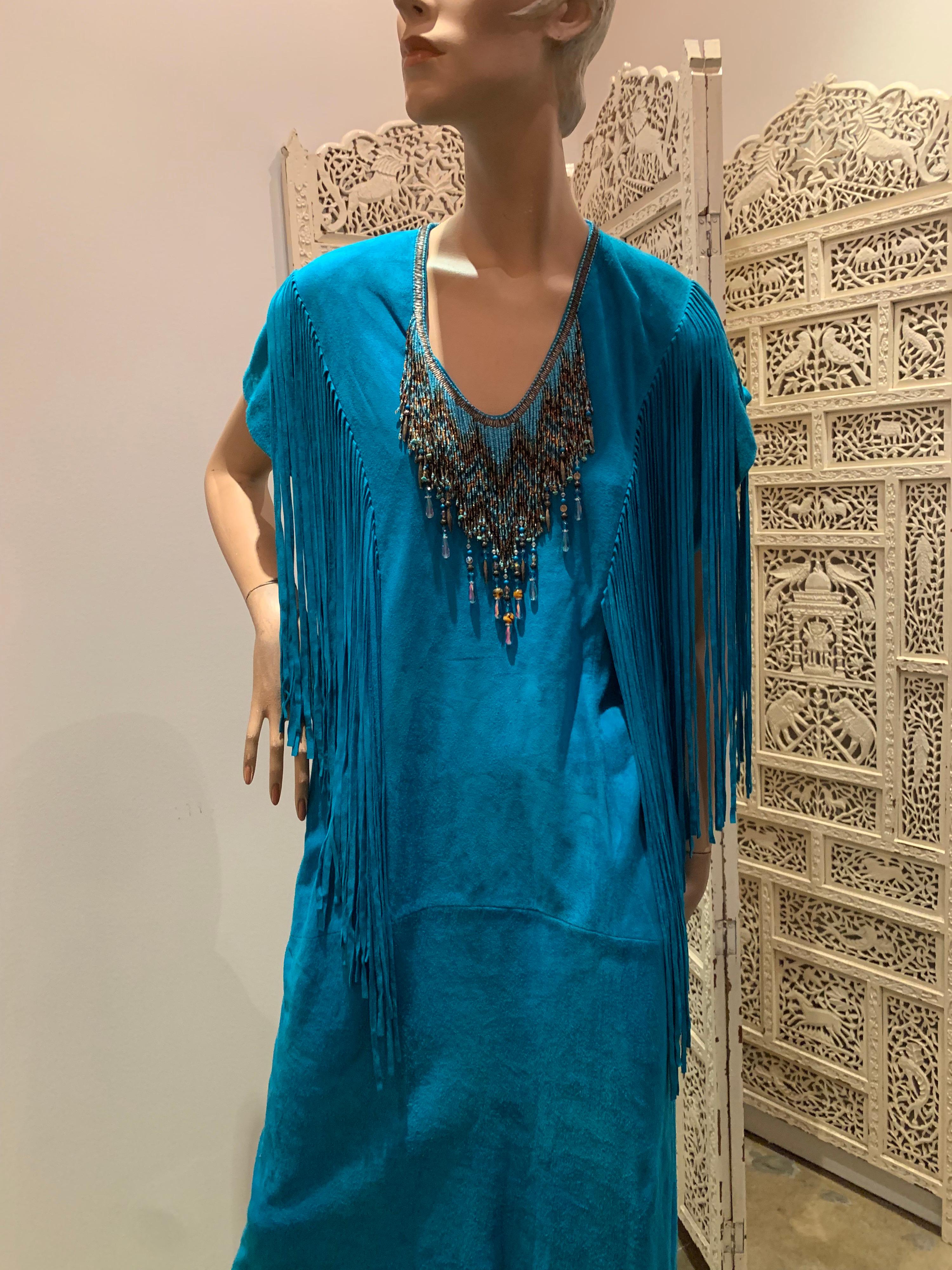 Blue 1970s Chic Skins Turquoise Suede Caftan W/ Suede & Heavy Beadwork Fringe 