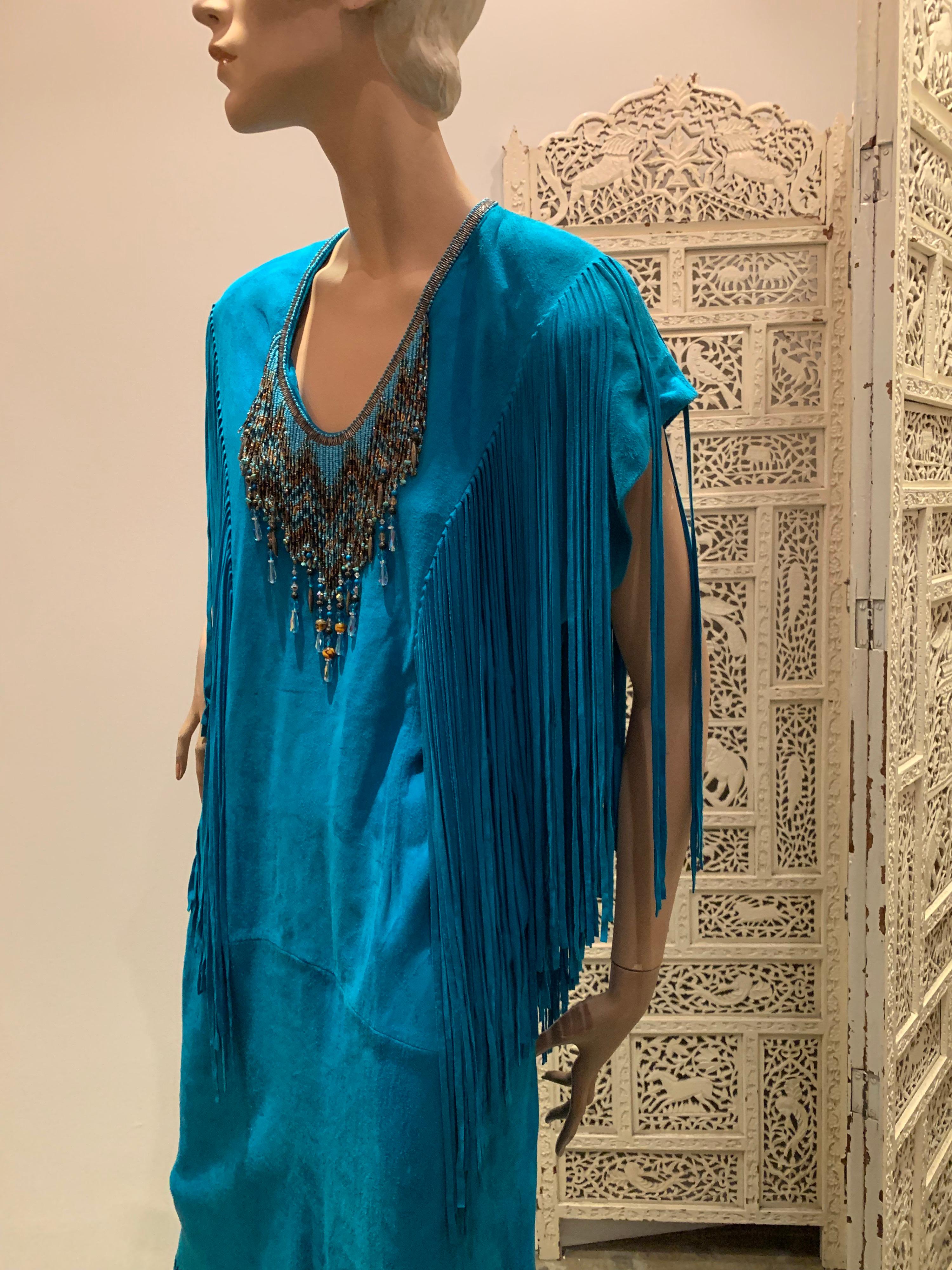 1970s Chic Skins Turquoise Suede Caftan W/ Suede & Heavy Beadwork Fringe  In Excellent Condition In Gresham, OR