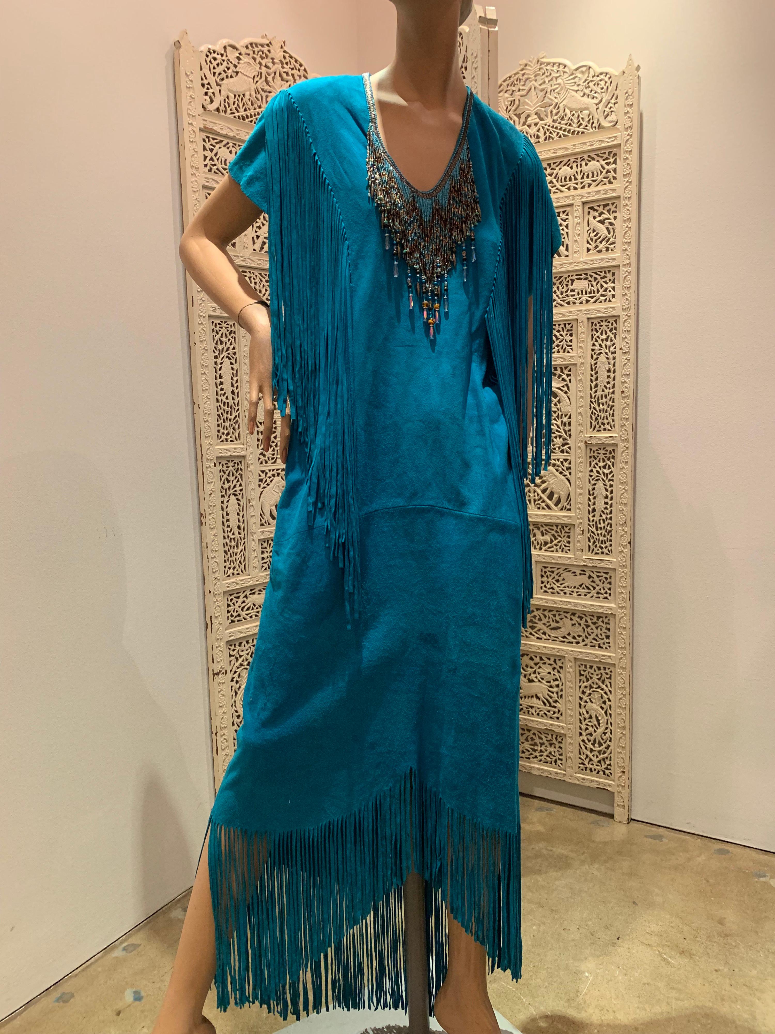 Women's 1970s Chic Skins Turquoise Suede Caftan W/ Suede & Heavy Beadwork Fringe 