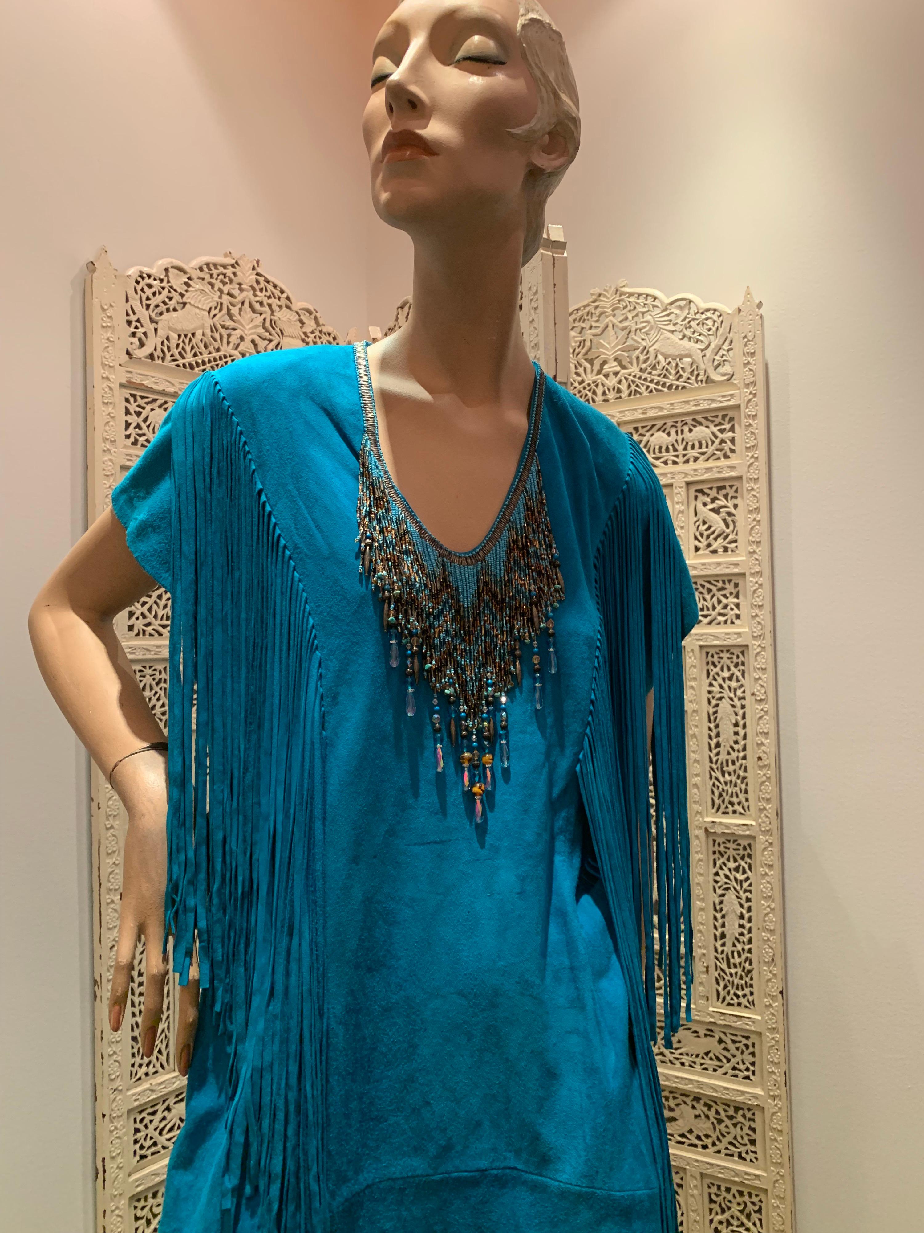 1970s Chic Skins Turquoise Suede Caftan W/ Suede & Heavy Beadwork Fringe  1