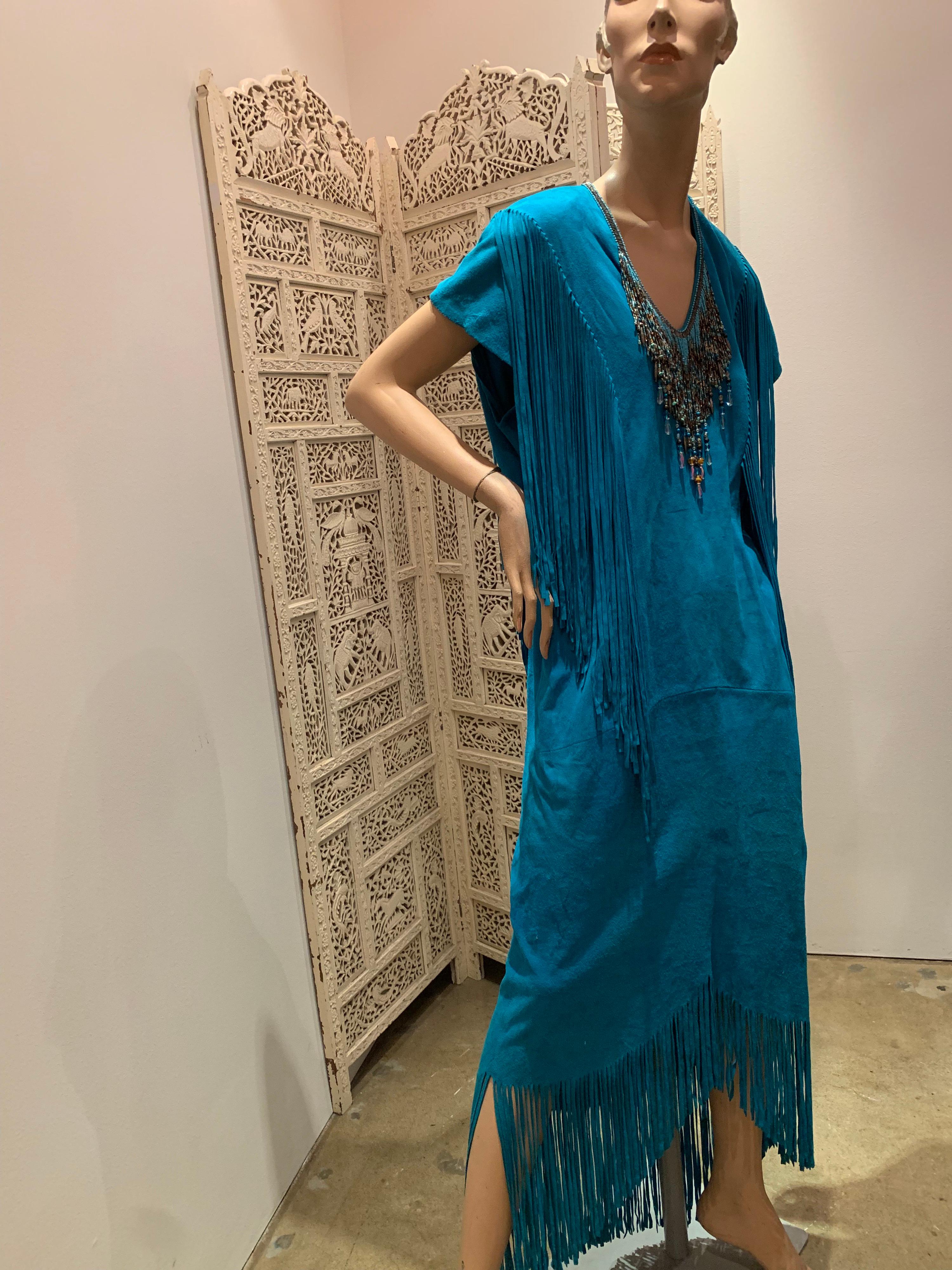 1970s Chic Skins Turquoise Suede Caftan W/ Suede & Heavy Beadwork Fringe  2