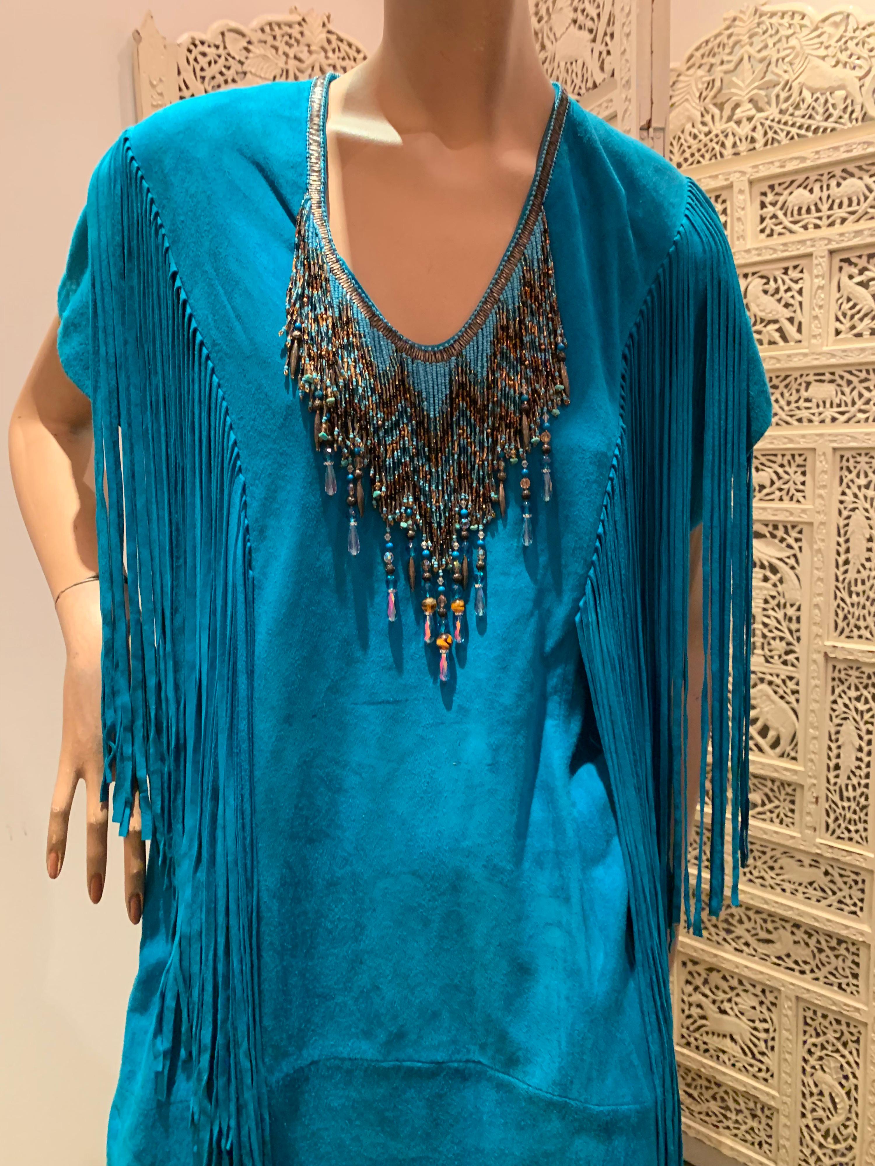 1970s Chic Skins Turquoise Suede Caftan W/ Suede & Heavy Beadwork Fringe  4