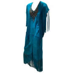 1970s Chic Skins Turquoise Suede Caftan W/ Suede & Heavy Beadwork Fringe 