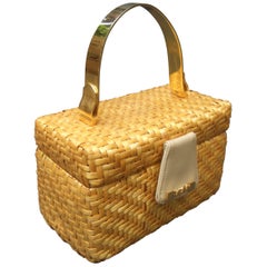 1970s Chic Woven Natural Wicker Box Purse Designed by Koret