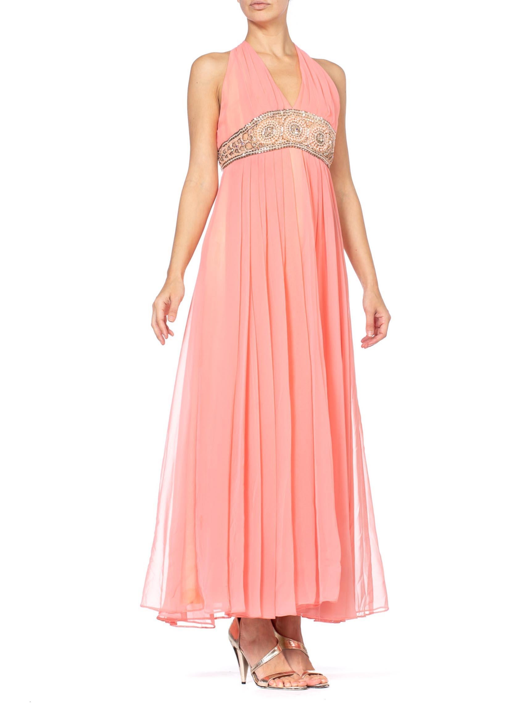 1970S Salmon Pink Polyester Chiffon Empire Waist Godess Gown With Crystal Beading
