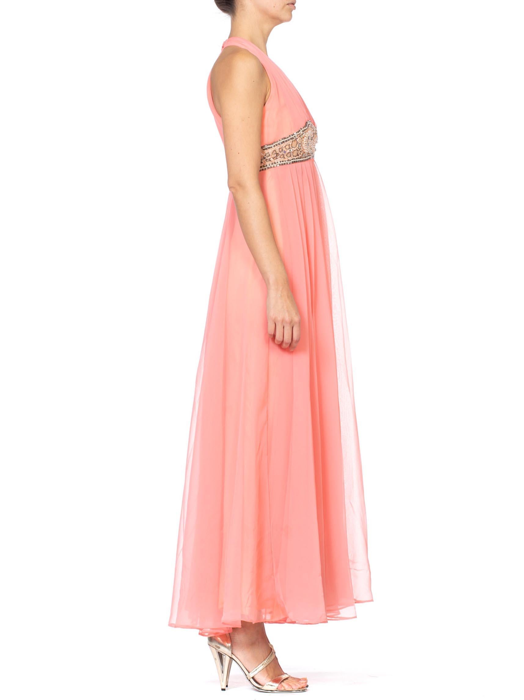 Women's 1970S Salmon Pink Polyester Chiffon Empire Waist Godess Gown With Crystal Beadi For Sale