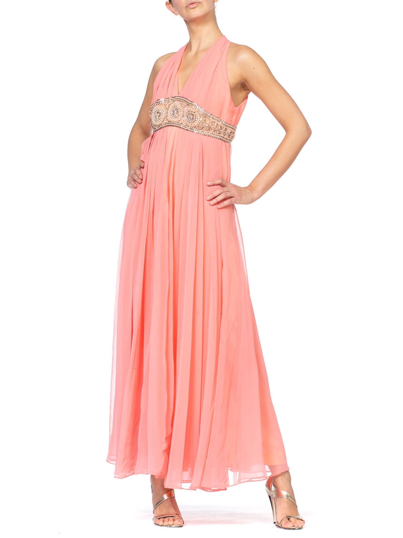 1970S Salmon Pink Polyester Chiffon Empire Waist Godess Gown With Crystal Beadi For Sale 2