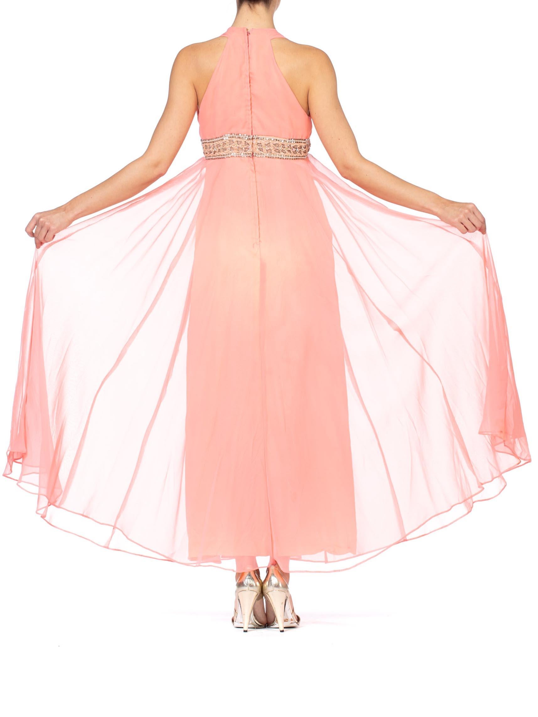 1970S Salmon Pink Polyester Chiffon Empire Waist Godess Gown With Crystal Beadi For Sale 3