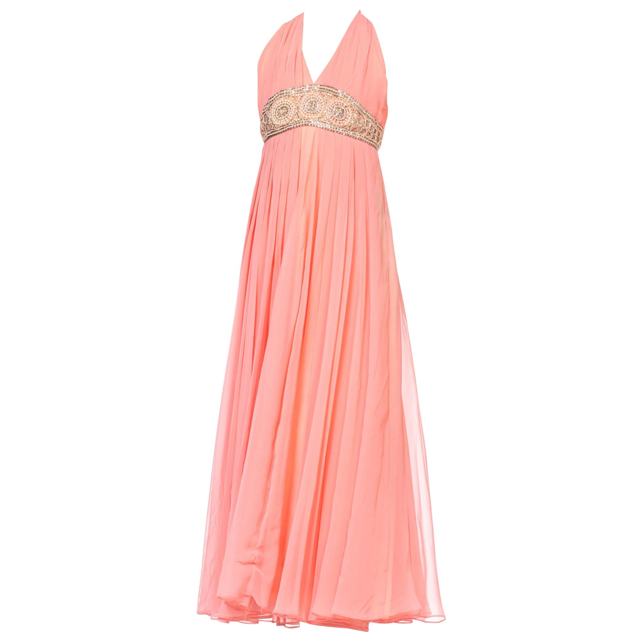 1970S Salmon Pink Polyester Chiffon Empire Waist Godess Gown With Crystal Beadi For Sale