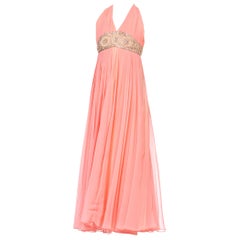 1970S Salmon Pink Polyester Chiffon Empire Waist Godess Gown With Crystal Beadi