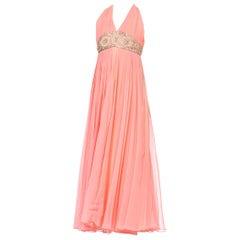 1970S Salmon Pink Polyester Chiffon Empire Waist Godess Gown With Crystal Beadi