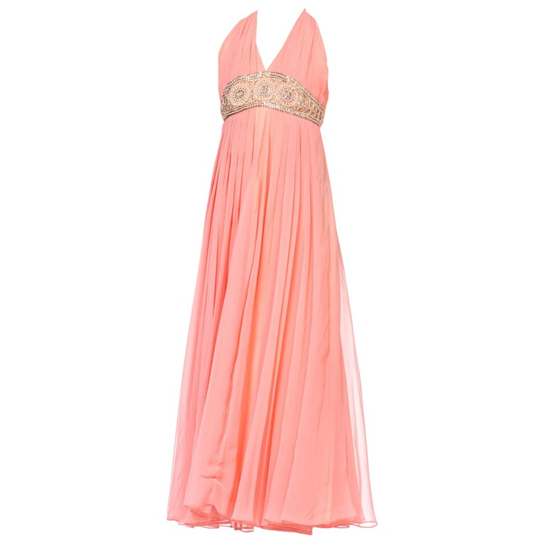 1970S Salmon Pink Polyester Chiffon Empire Waist Godess Gown With Crystal  Beadi at 1stDibs