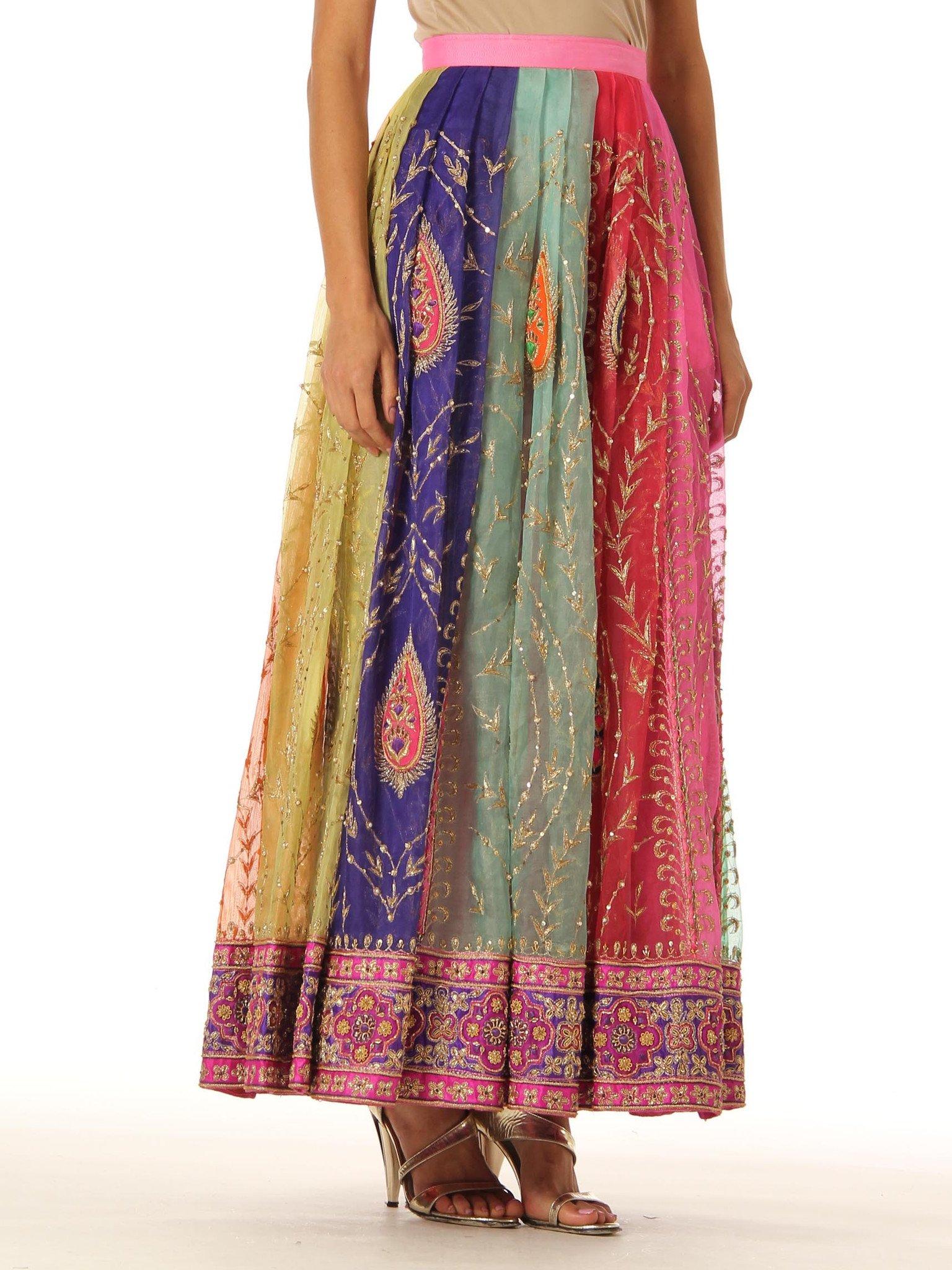 1970S Multicolor Hand Embroidered Silk Organza Indian Paisley Pleated Long Skirt With Sequin And Pearl Embellishments