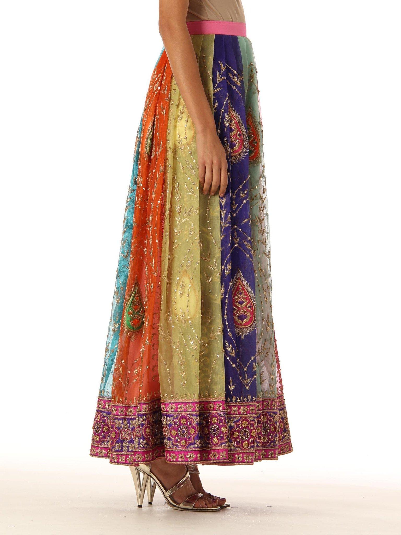 Women's 1970S Multicolor Hand Embroidered Silk Organza Indian Paisley Pleated Long Skir
