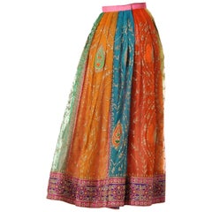 1970S Multicolor Hand Embroidered Silk Organza Indian Paisley Pleated Long Skir