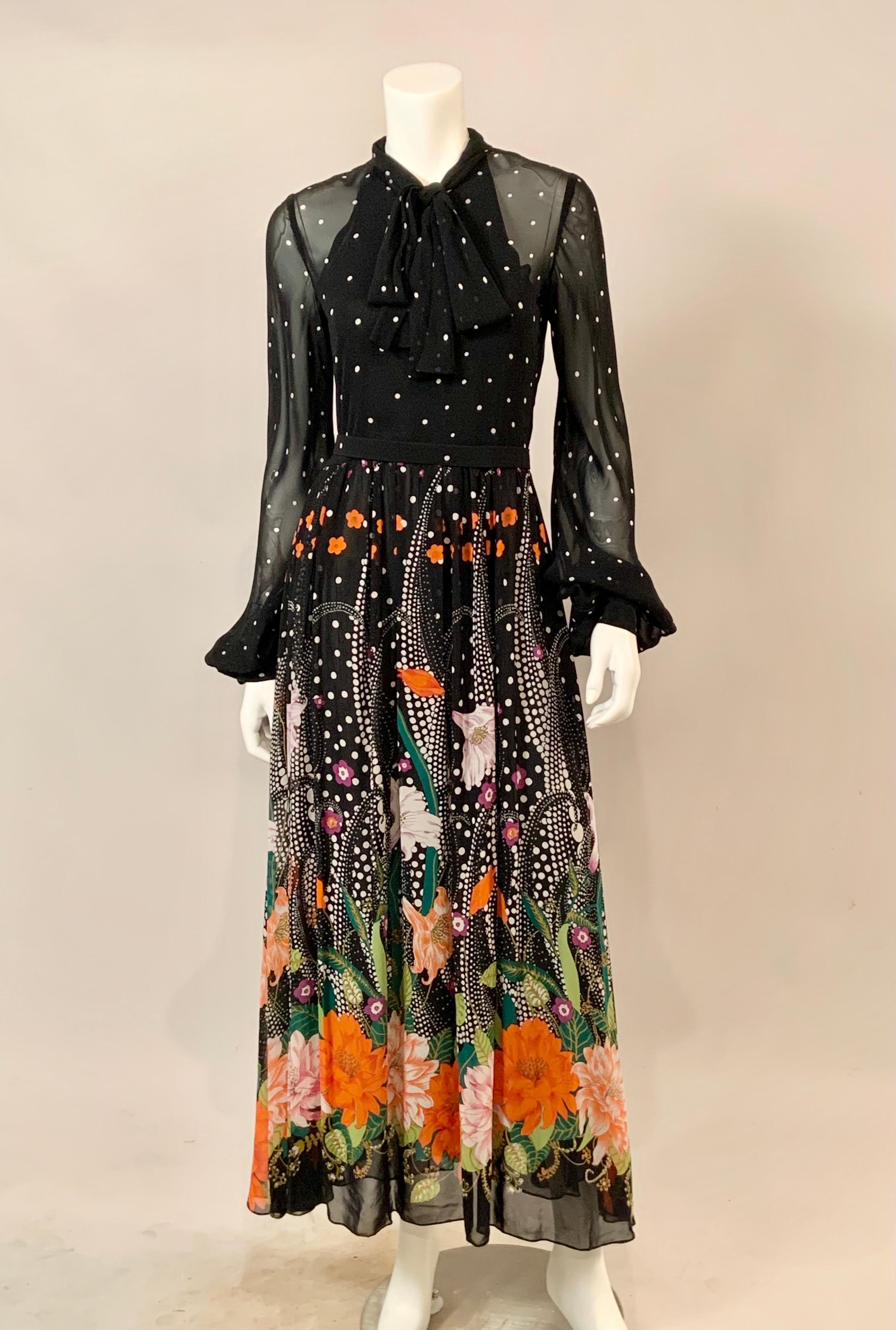 1970's Chiffon Maxi Dress with a Polka Dot and Flower Print For Sale 9