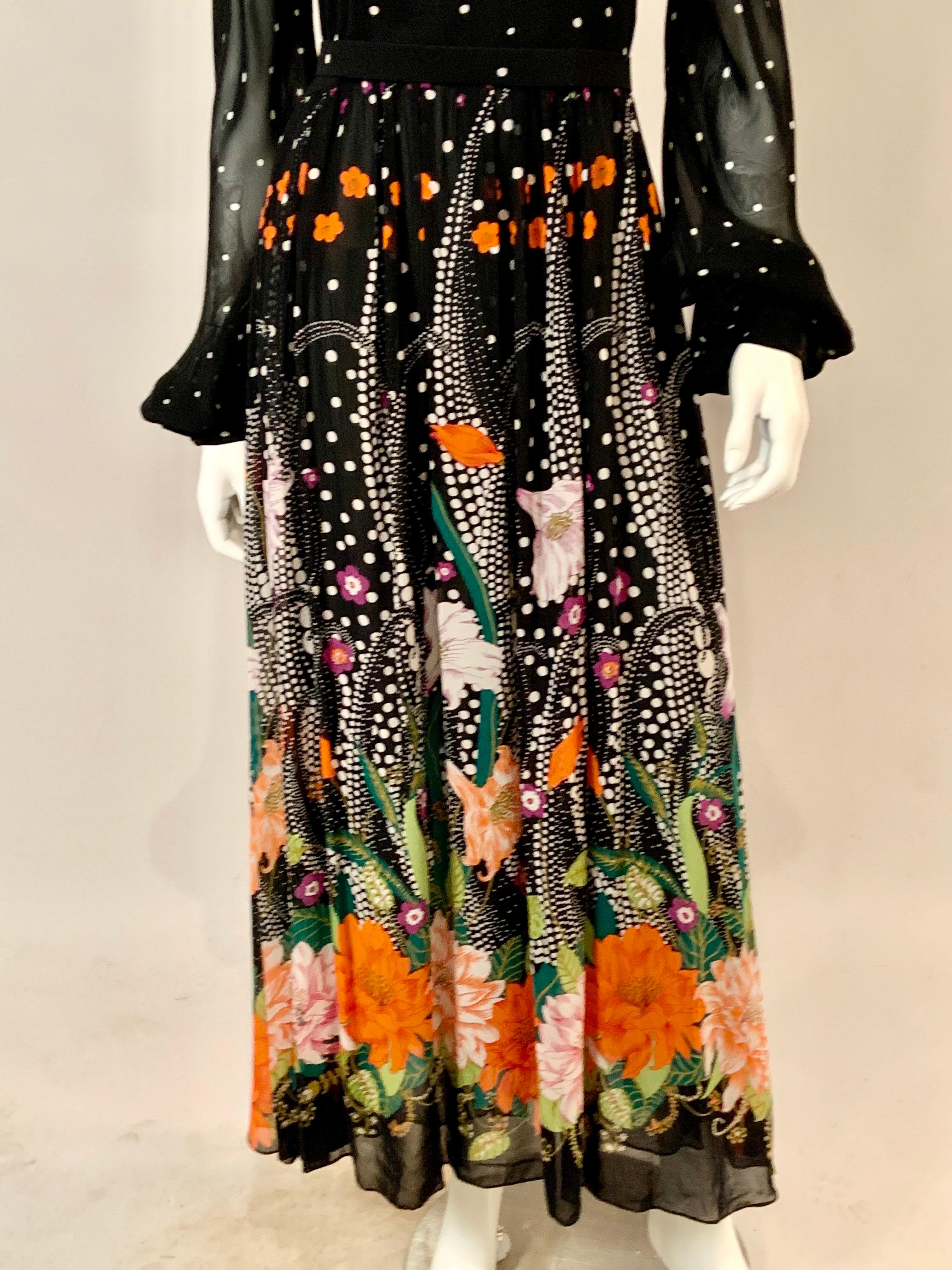 Women's 1970's Chiffon Maxi Dress with a Polka Dot and Flower Print For Sale