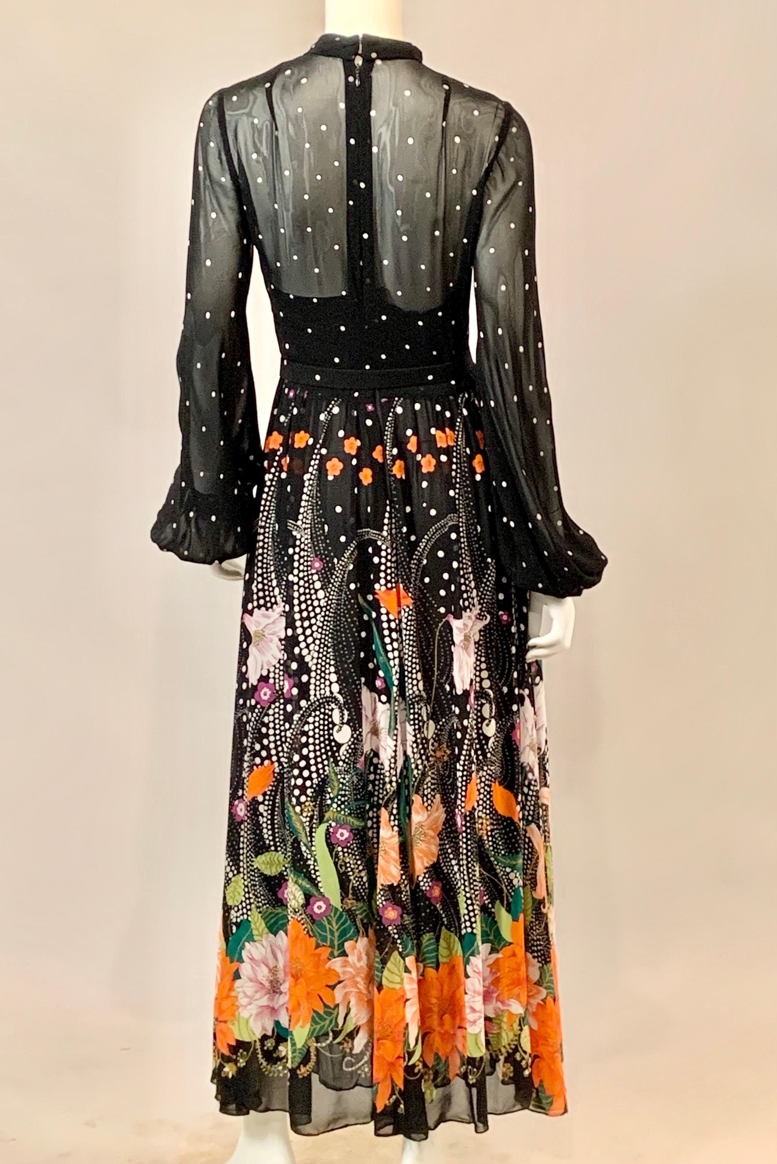 1970's Chiffon Maxi Dress with a Polka Dot and Flower Print For Sale 2