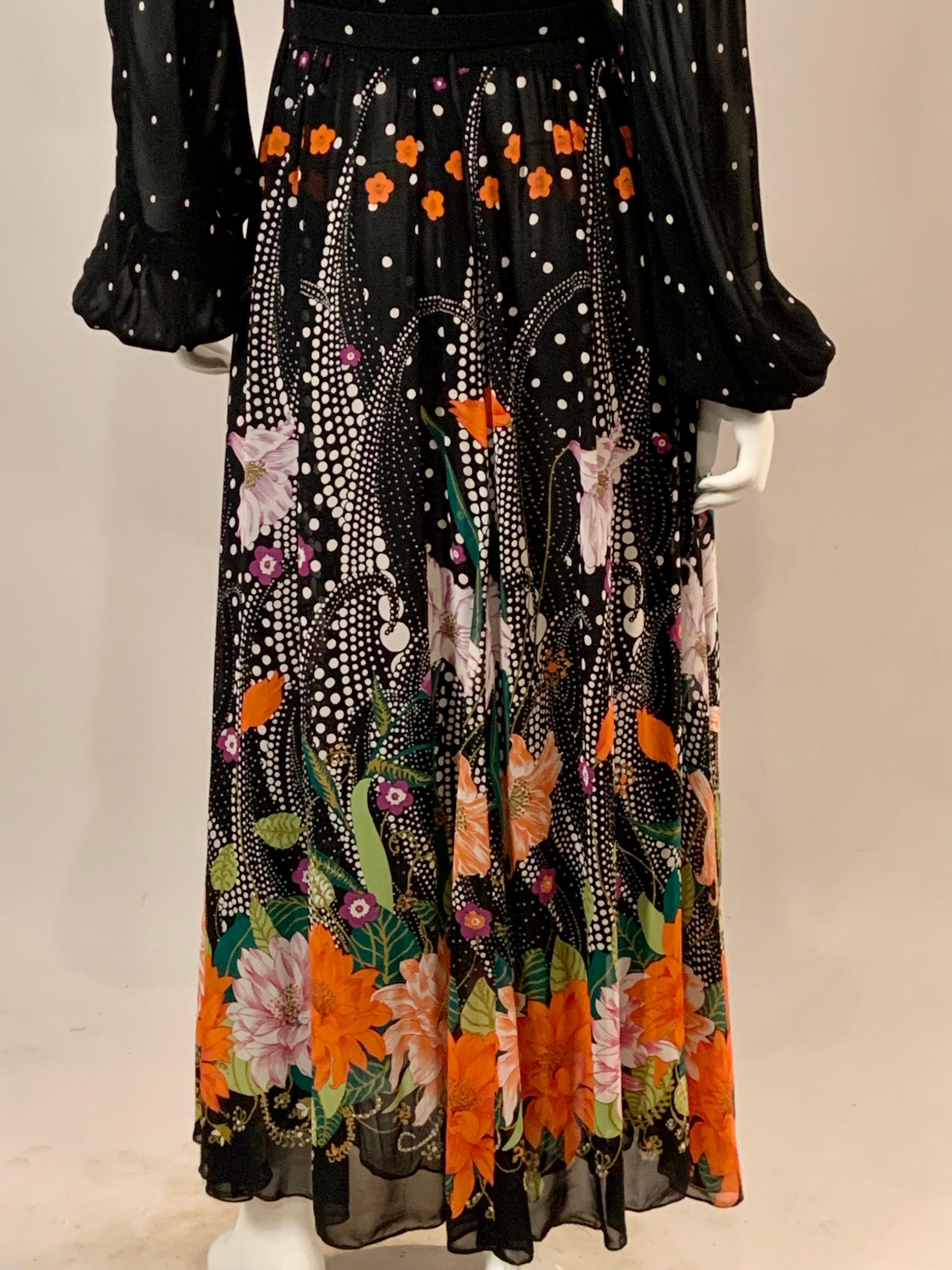 1970's Chiffon Maxi Dress with a Polka Dot and Flower Print For Sale 4