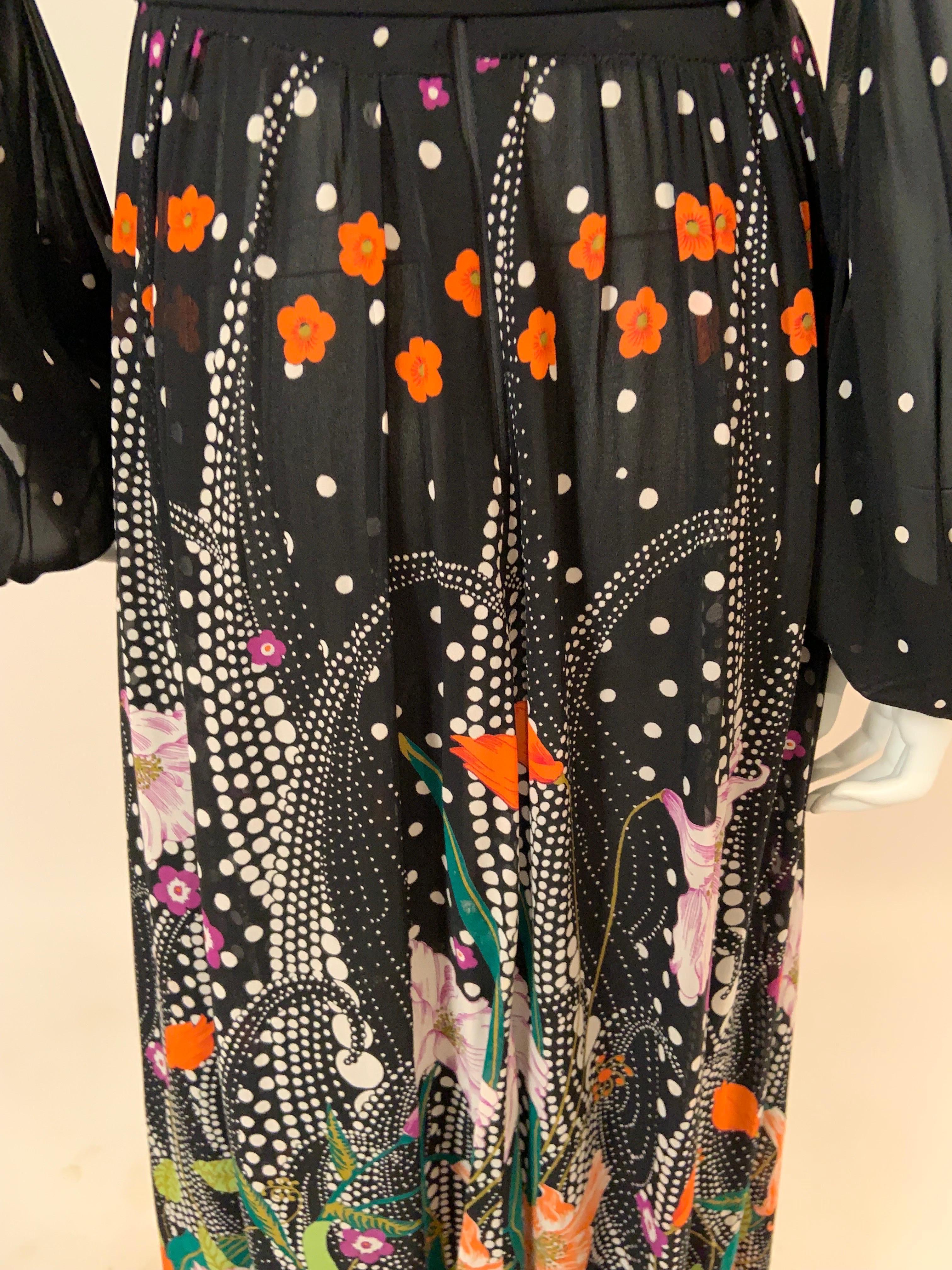 1970's Chiffon Maxi Dress with a Polka Dot and Flower Print For Sale 5