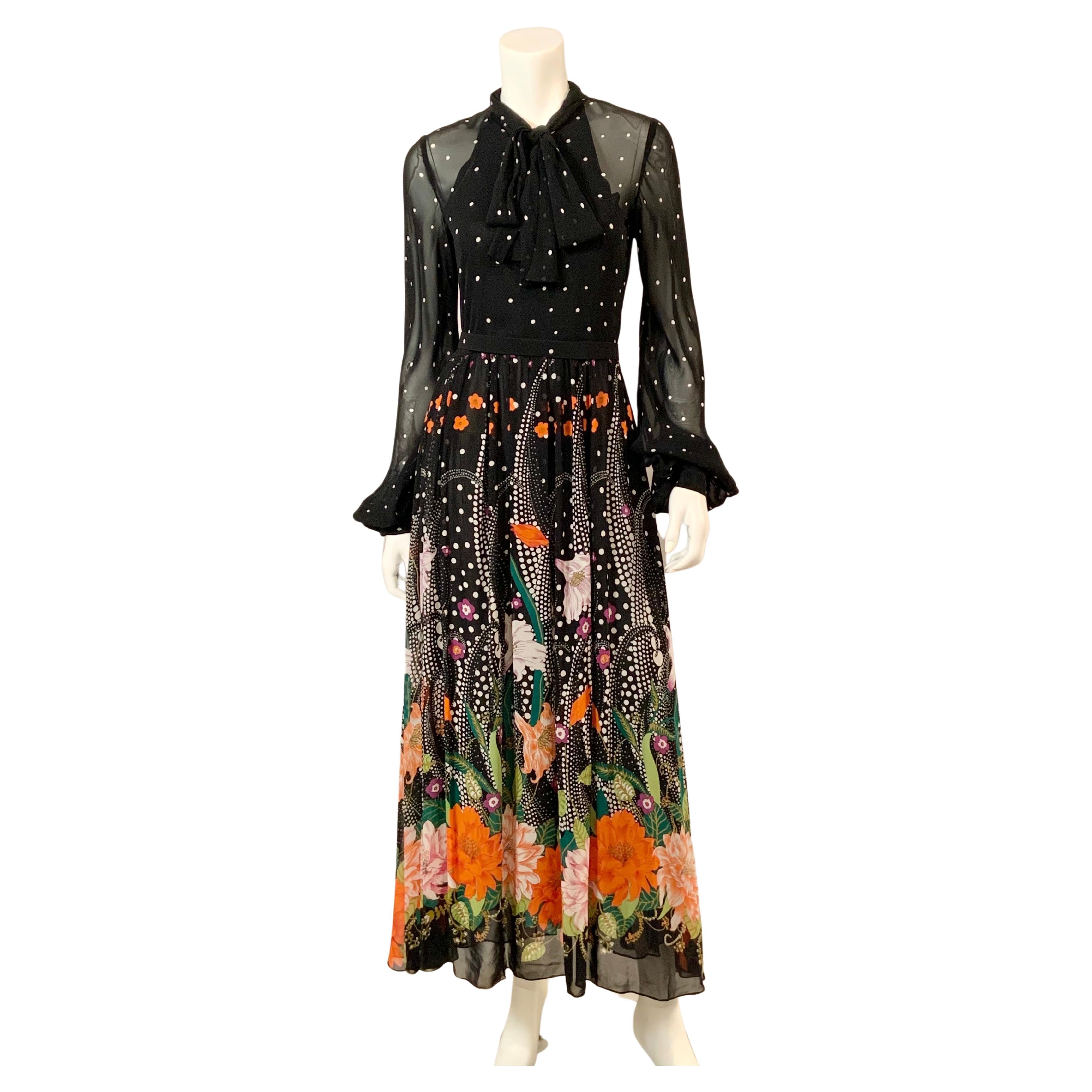 1970's Chiffon Maxi Dress with a Polka Dot and Flower Print For Sale