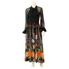1970's Chiffon Maxi Dress with a Polka Dot and Flower Print