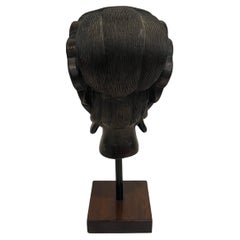 1970's Chinese Bronze Buddha Head Sculpture in Walnut Pedestal Base