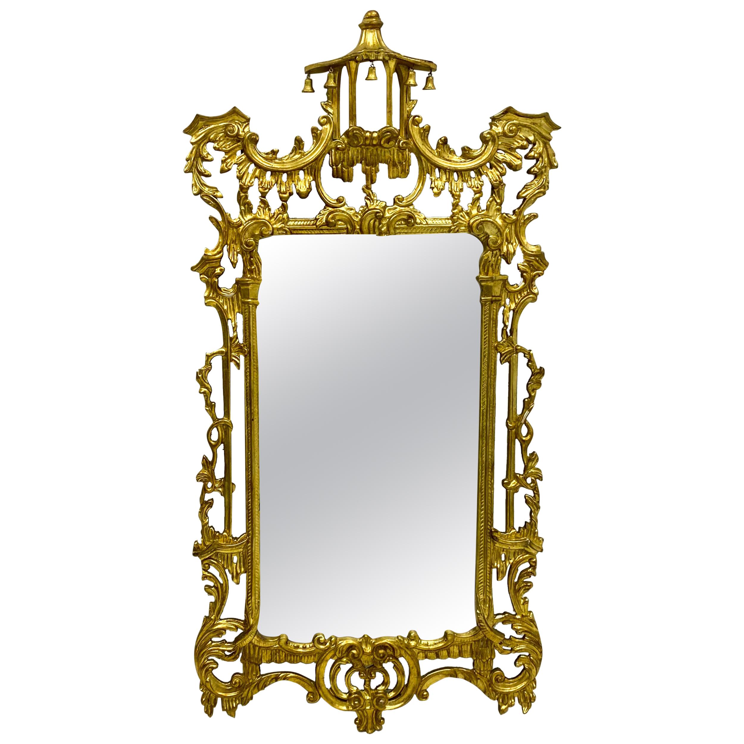 1970s Chinese Chippendale Style Carved Giltwood Italian Mirror