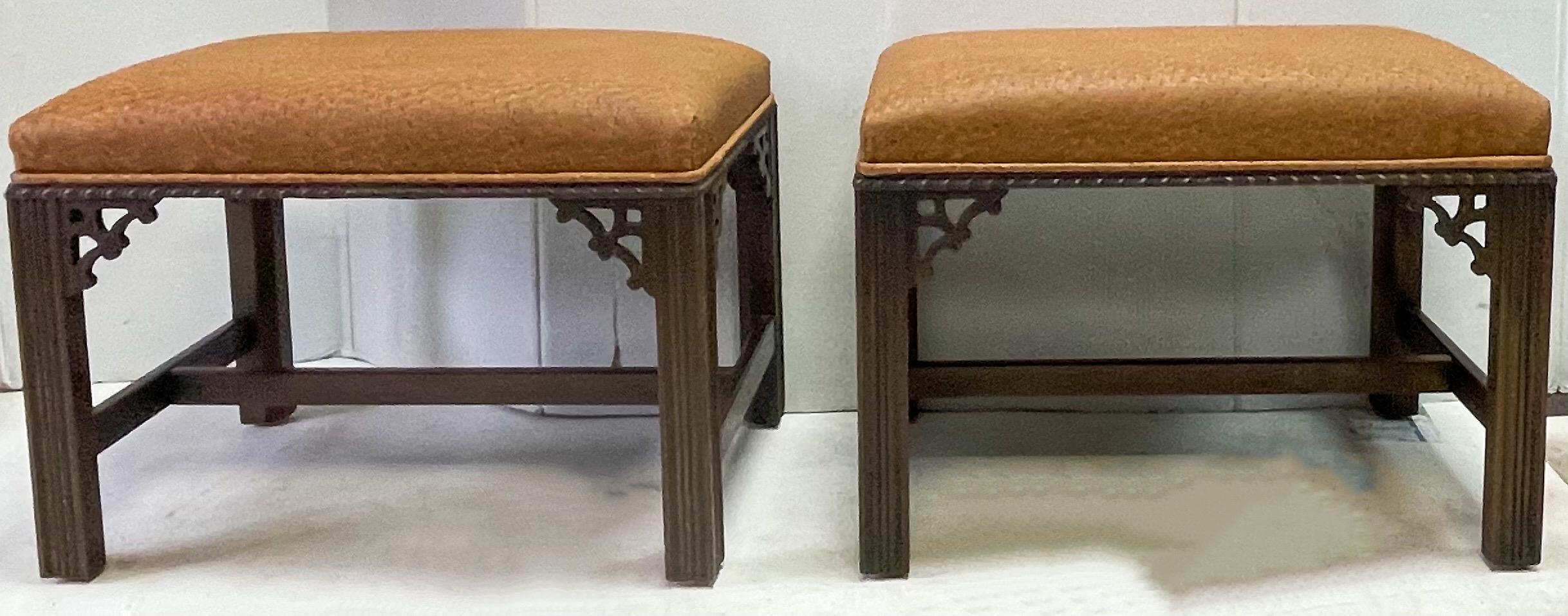1970s Chinese Chippendale Style Ostrich Leather Ottomans Benches, Pair In Good Condition In Kennesaw, GA