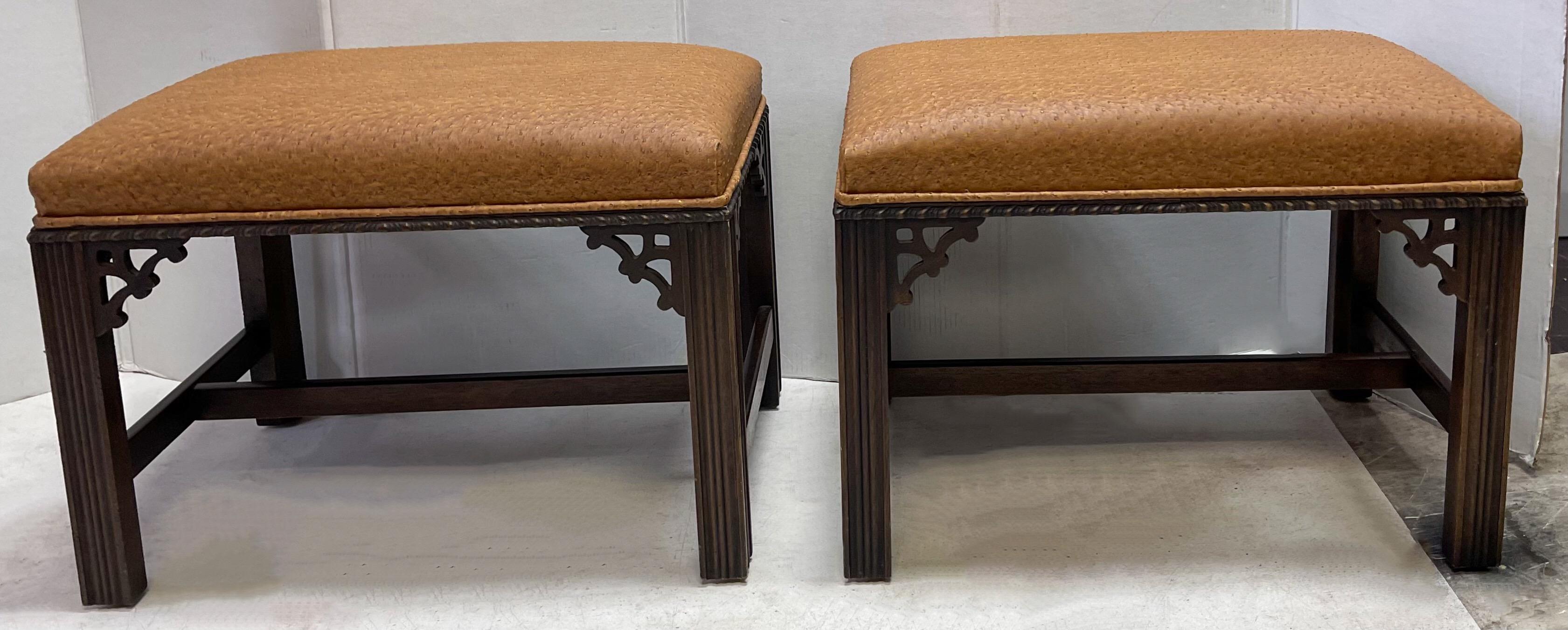 Late 20th Century 1970s Chinese Chippendale Style Ostrich Leather Ottomans Benches, Pair