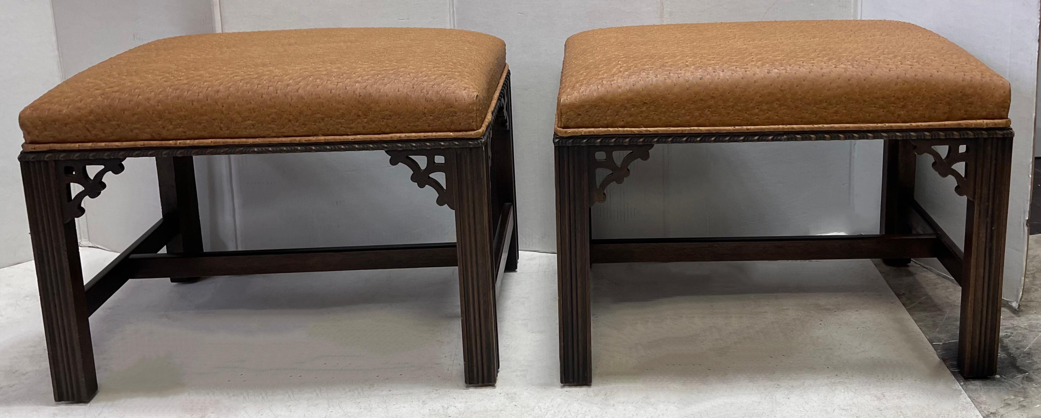 1970s Chinese Chippendale Style Ostrich Leather Ottomans Benches, Pair 1