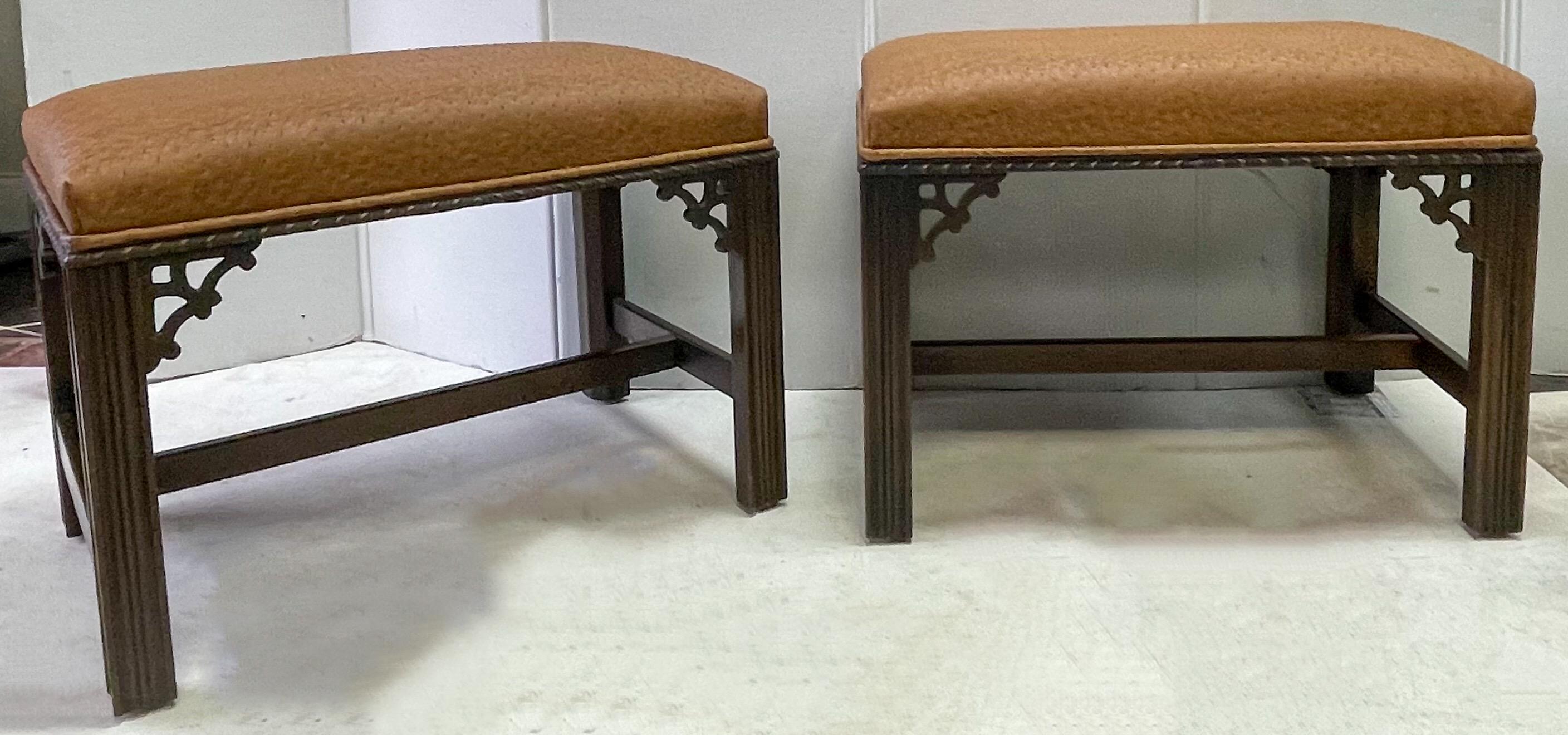 1970s Chinese Chippendale Style Ostrich Leather Ottomans Benches, Pair 2