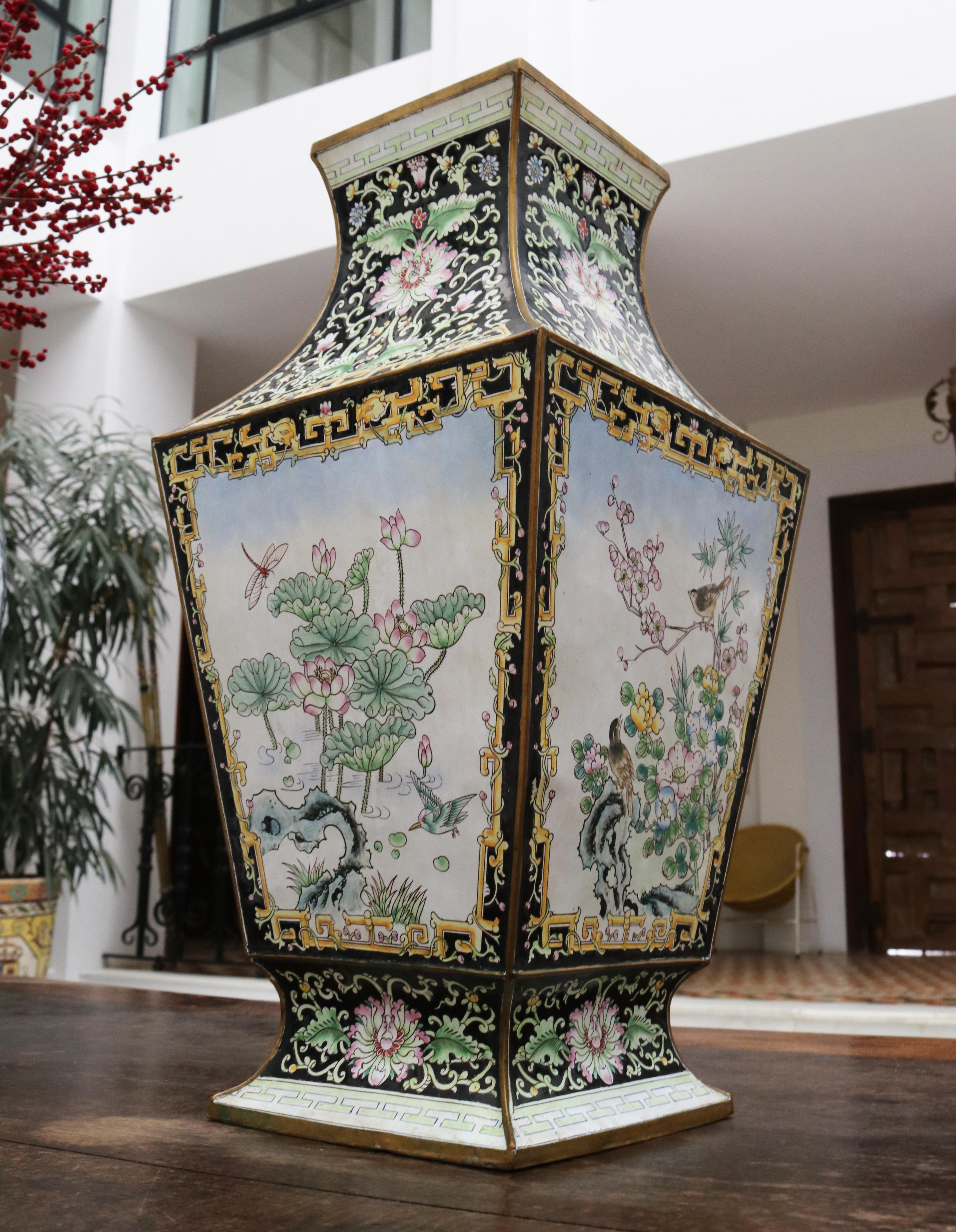 Iron 1970s Chinese Cloisonné Hand Painted Vase with Flower Motifs