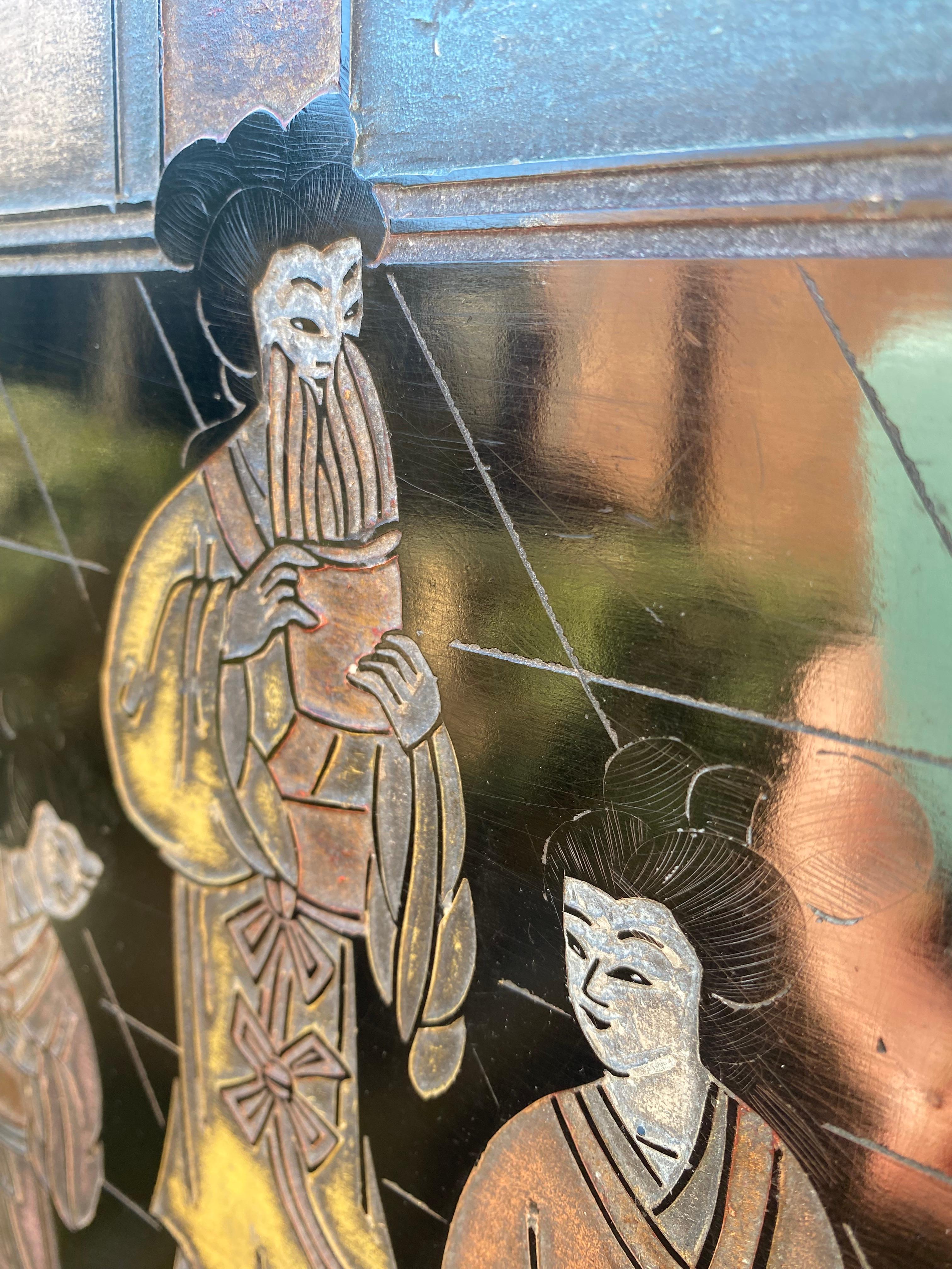 Panel lacado tallado Coromandel negro de exportación china de los años 70 por Zhongkun en venta 3