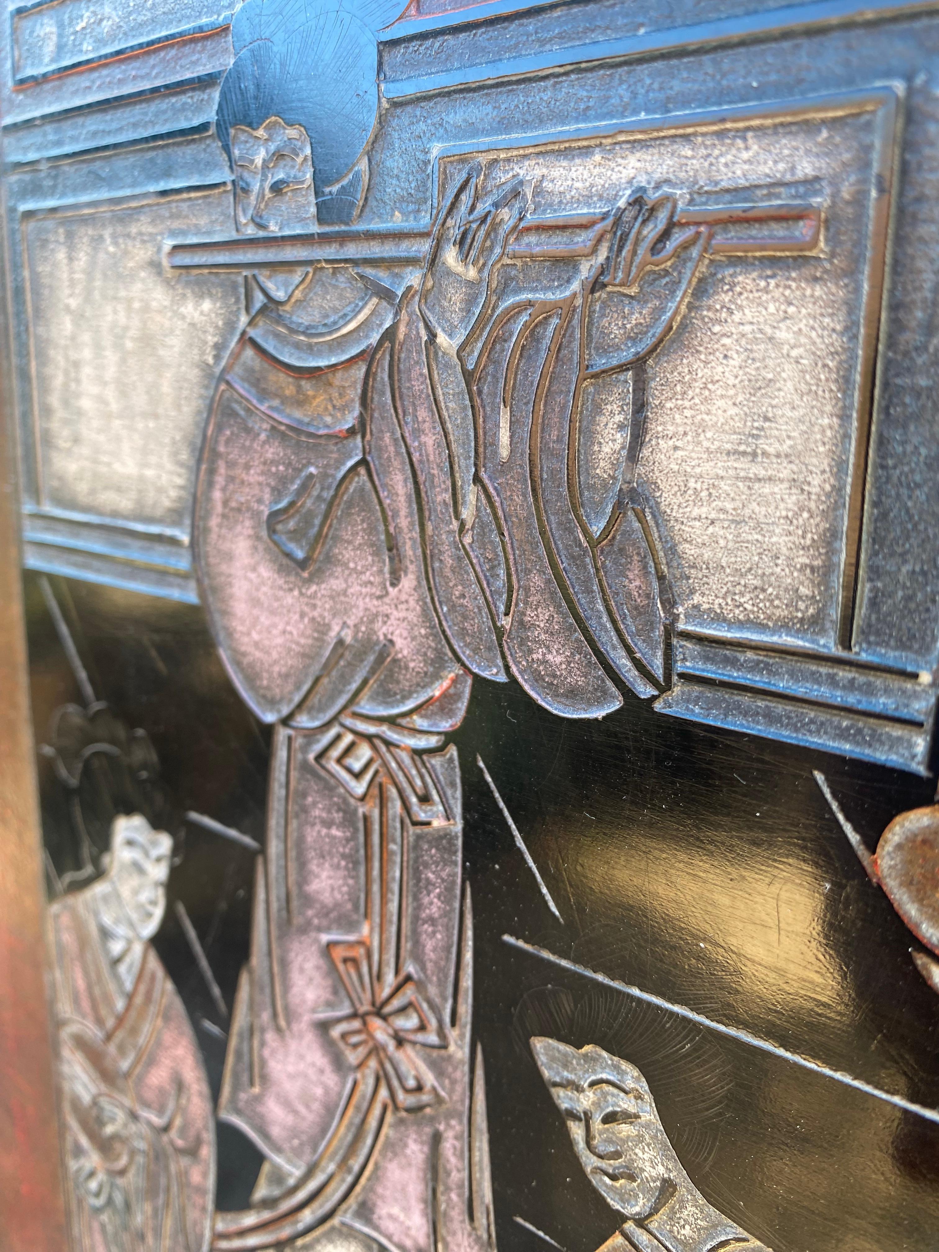 Panel lacado tallado Coromandel negro de exportación china de los años 70 por Zhongkun en venta 6